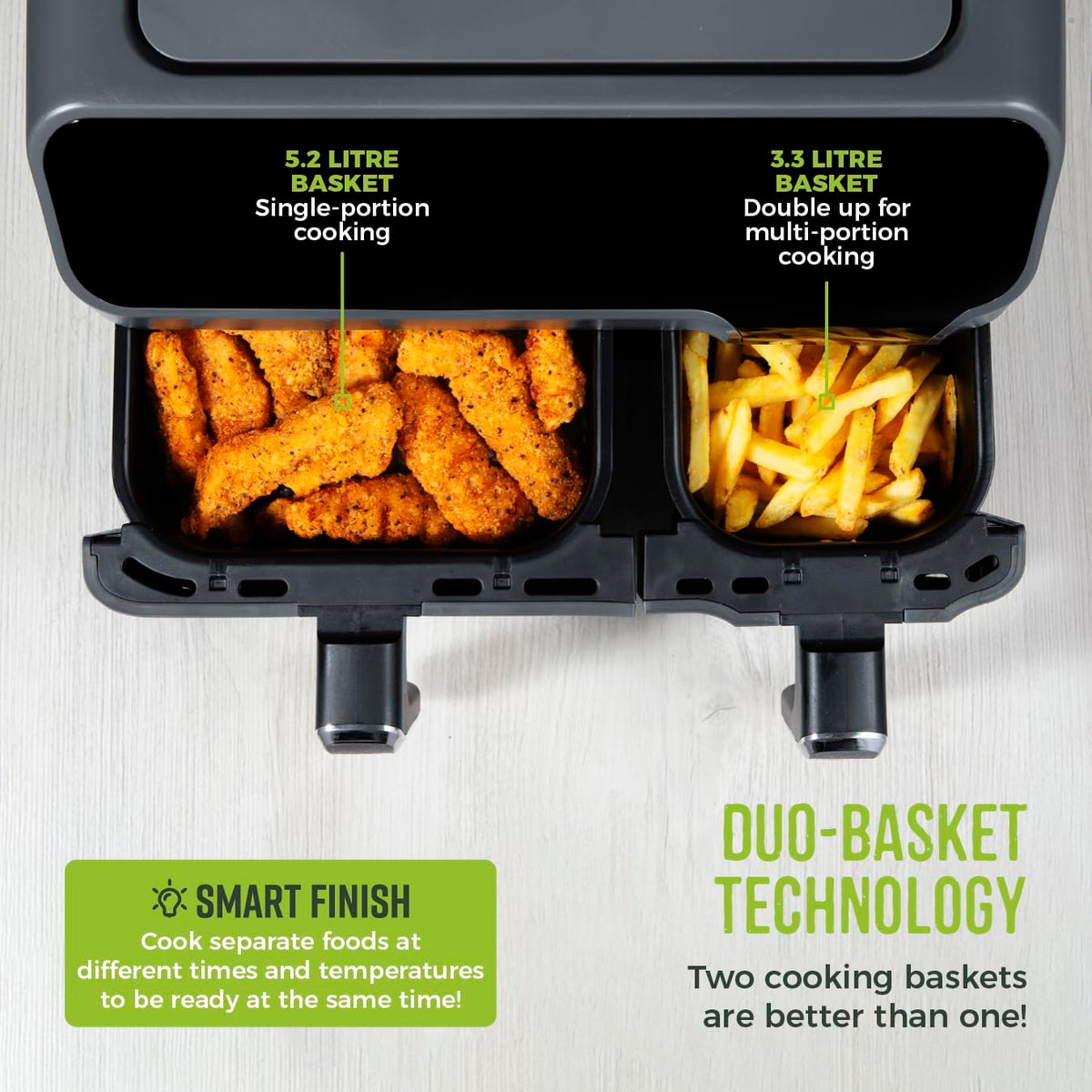 Tower T17099 Vortx 5.2L & 3.3L Eco Dual Basket Air Fryer with 8 One-Touch Pre-sets, 1700W, Black