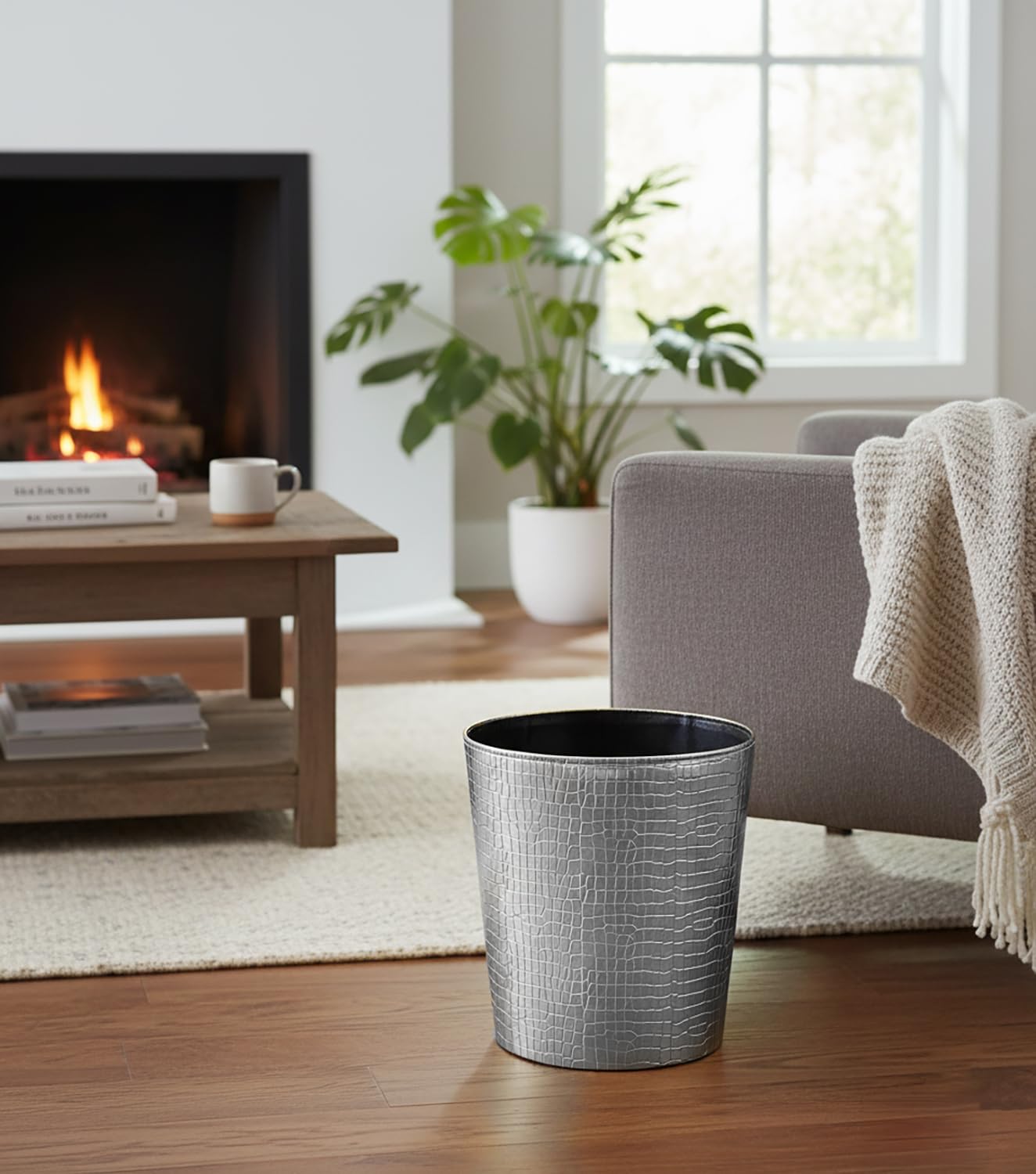 Emartbuy Luxury Croc Texture Faux Leather Dustbin Stylish Waste Bin- Silver
