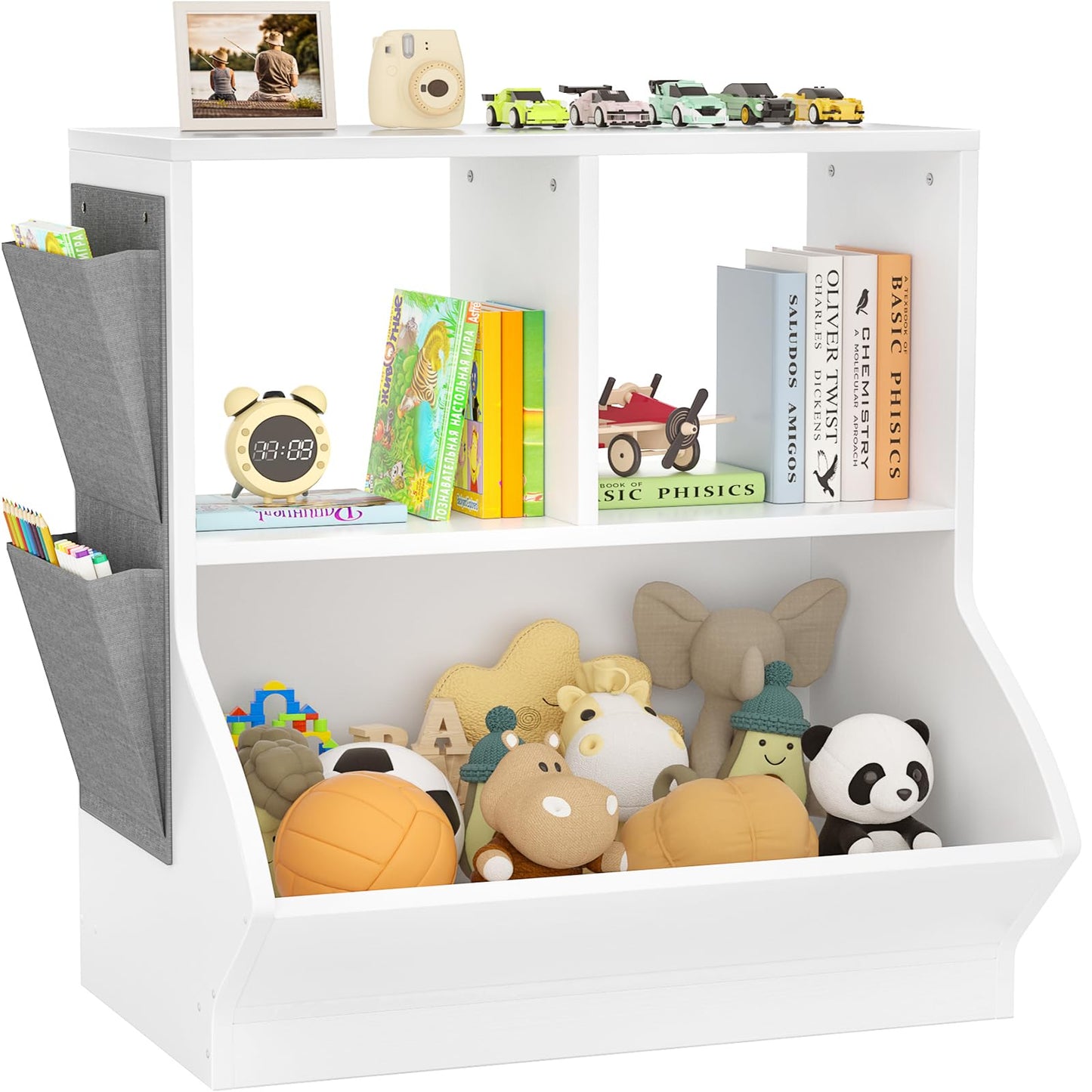 iSunirm Kids Bookshelf with Toy Storage, White Wooden Children's Bookcase and Toy Organiser for Kids Room, Nursery and Playroom