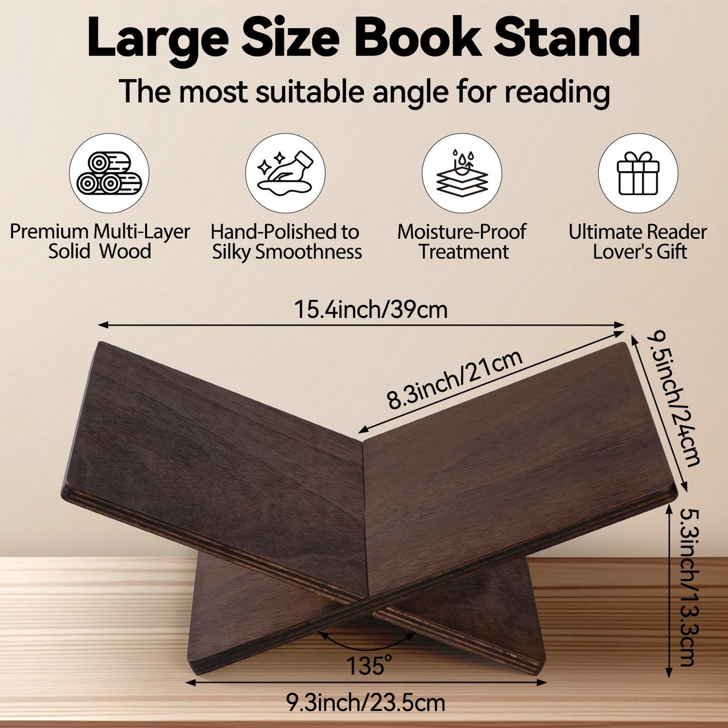 Wooden Large Book Stand for Desktop Display & Reading – Extra Large Cross Frame Open Book Holder, Sleek Finish