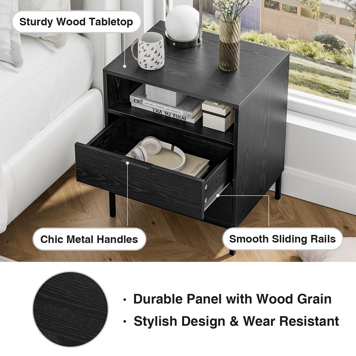 Skokliz Bedside Table with 2 Drawers and Open Shelf - Black Wood Nightstand for Bedroom 50x40x60 cm, Modern Side Table for Living Room & Small Spaces