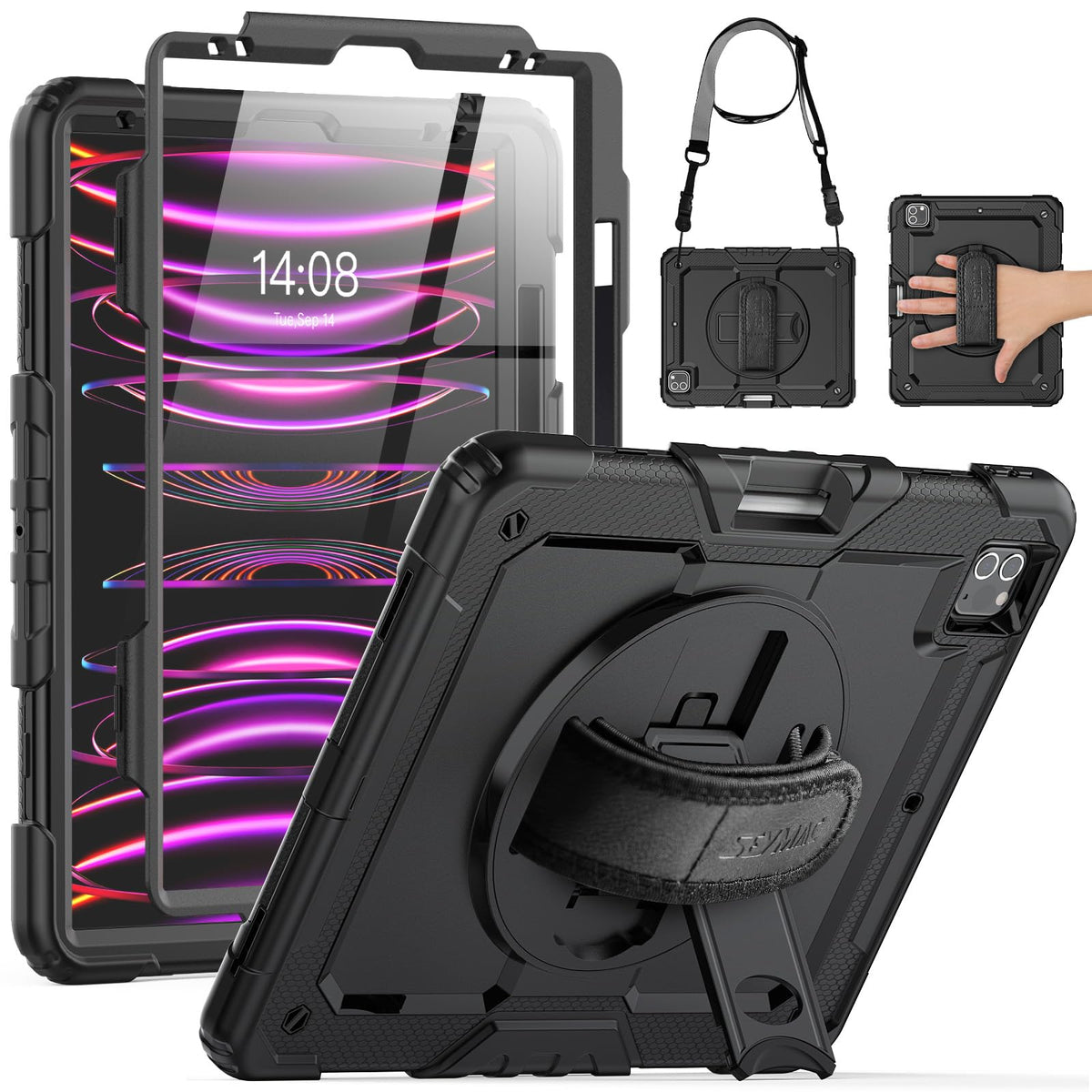 SEYMAC Case for iPad Pro 12.9 6th/5th/4th/3rd Generation, Shockproof Case with Screen Protector [Rotating Hand Strap & Stand] Shoulder Strap Pen