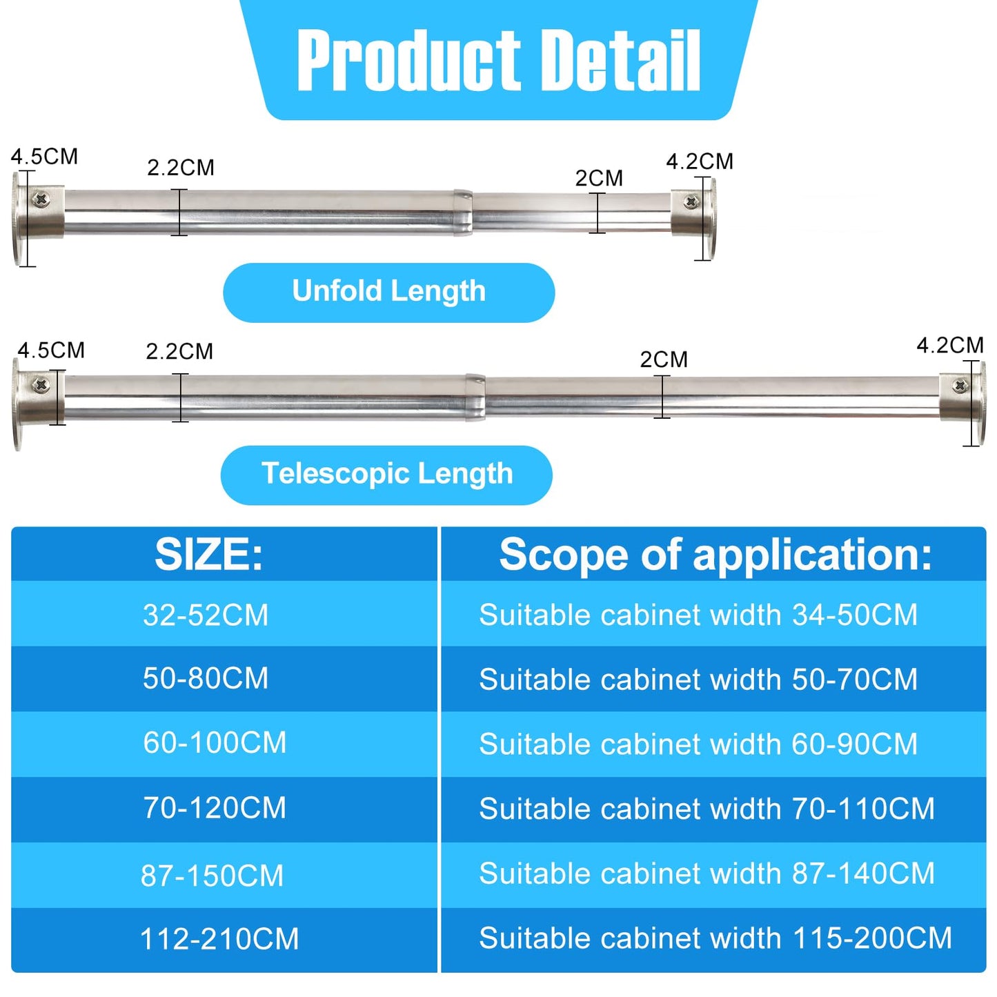 Wardlock 69-120cm Extendable Stainless Steel Wardrobe Rail, Adjustable Clothes Rail Pole With U Shaped End Sockets.