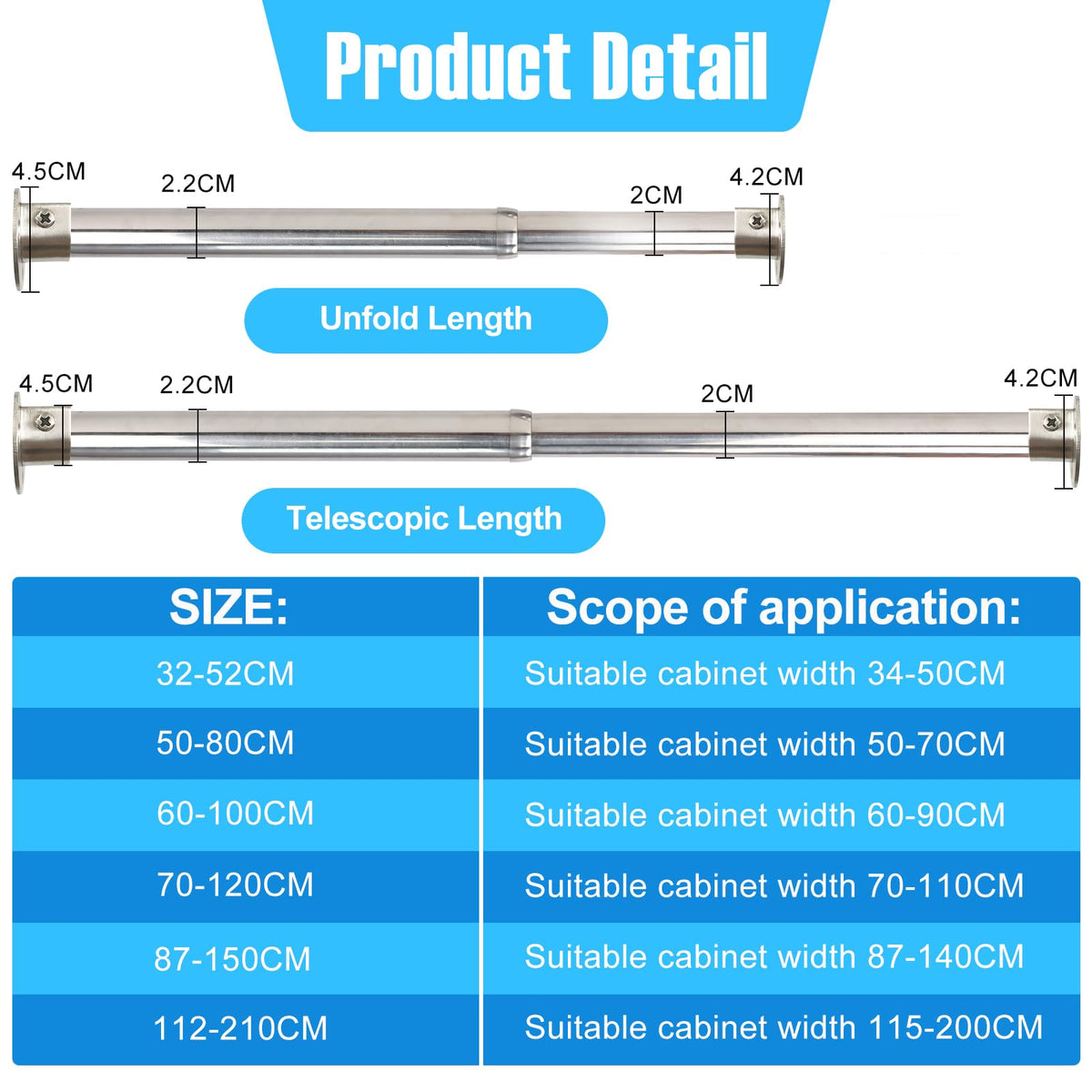 Wardlock 87cm-160cm Extendable Stainless Steel Wardrobe Rail, Adjustable Clothes Rail Pole With U Shaped End Sockets