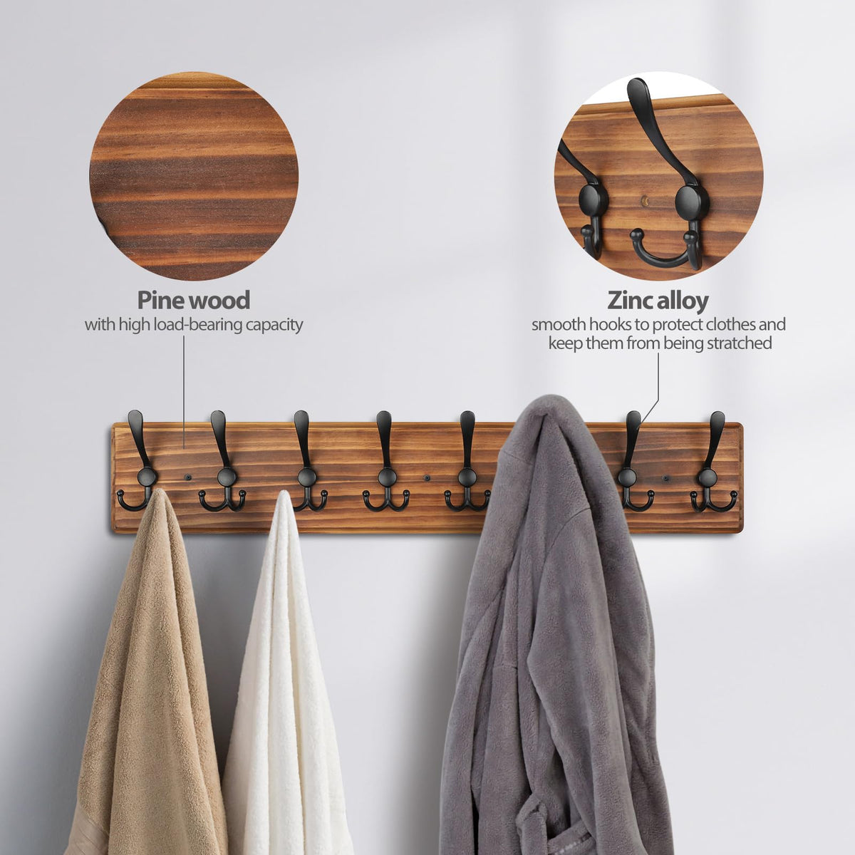 PHINGEER Wall Mounted Coat Hooks, Wooden Heavy Duty Coat Rack for Wall,8 Triple Coat Hanger Hooks for Hanging Coats,Jacket,Hat,Clothes,Brown (Brown, 8