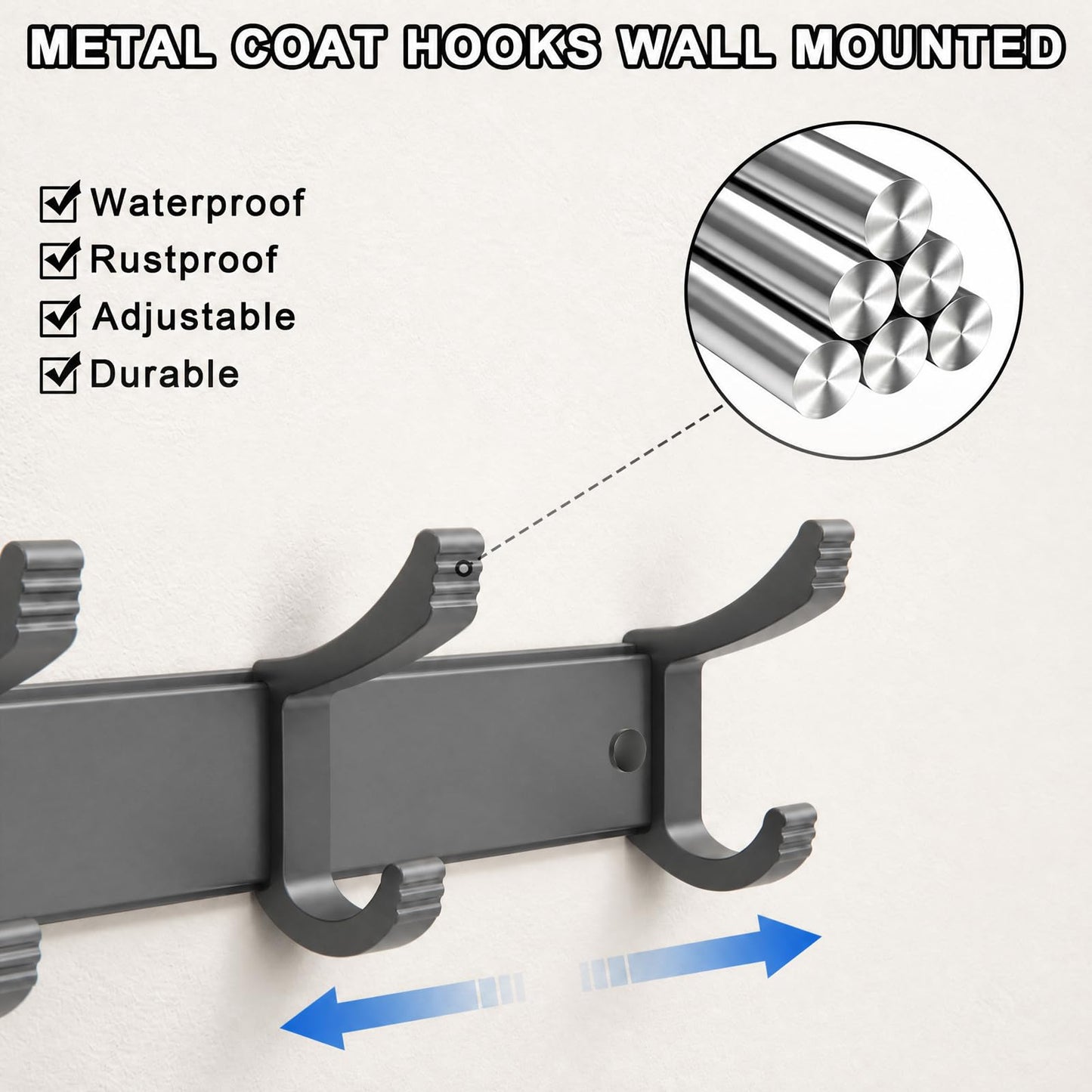 NONETO 2 Pack Coat Hooks Wall Mounted with 6 Movable Coat Rack (Grey)