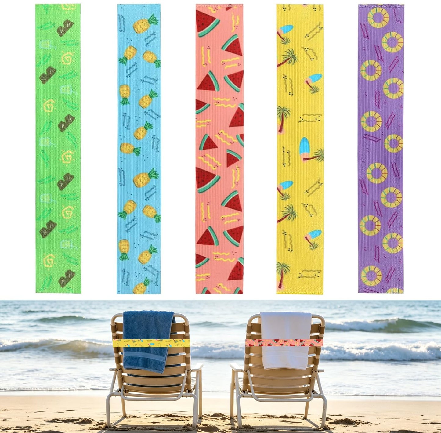 5Pcs Towel Bands for Sun Loungers, Elastic Beach Towel Bands for Sun Loungers, Windproof Sunbed Chairs Towels Straps and Colorful Sunbed Band for