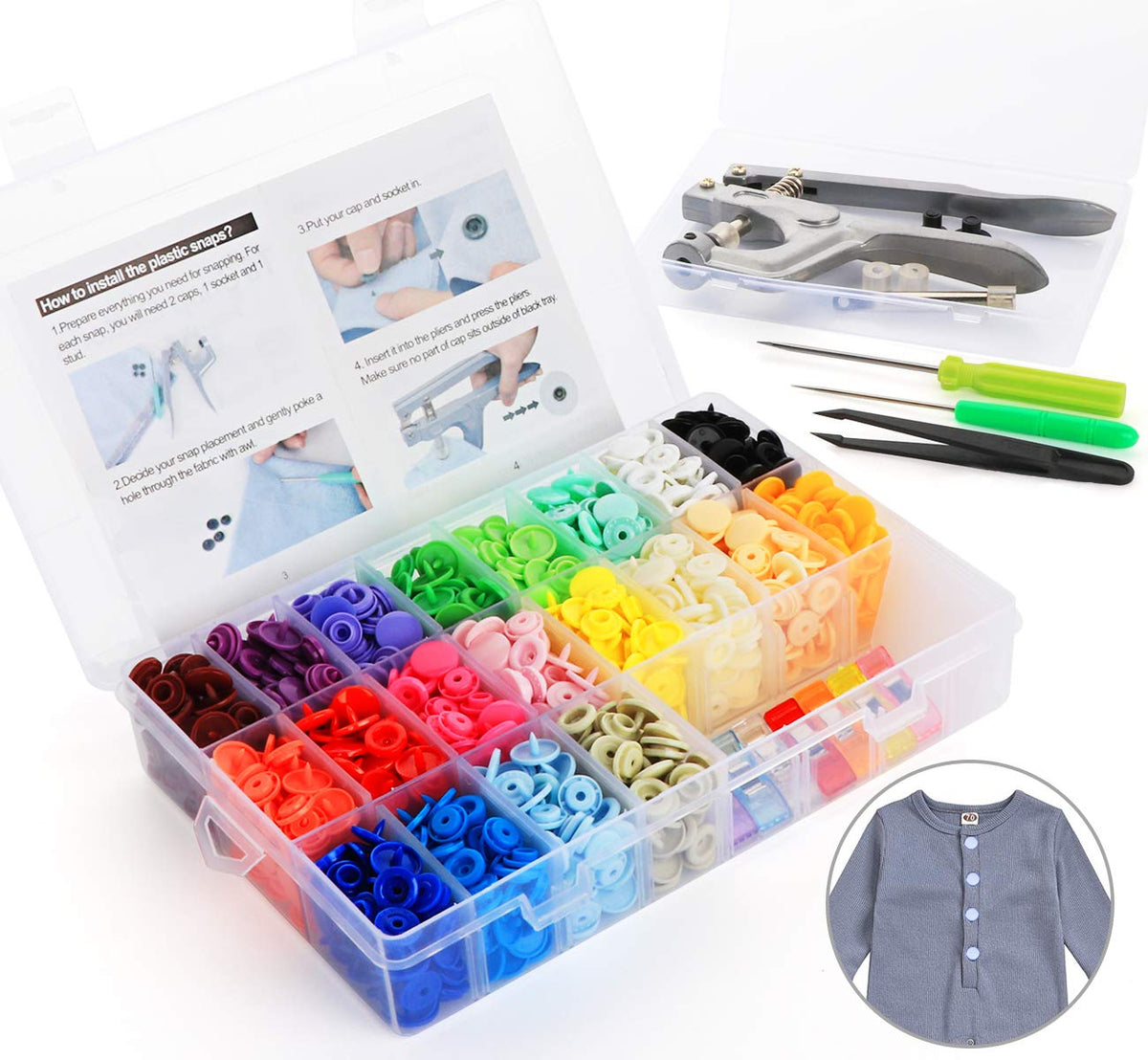 ilauke Snap Pliers + 400 Sets T5 Plastic Snap Buttons Fasteners 20 Colors Poppers Press DIY Studs Tools with 2 Clear Storage Boxes ?