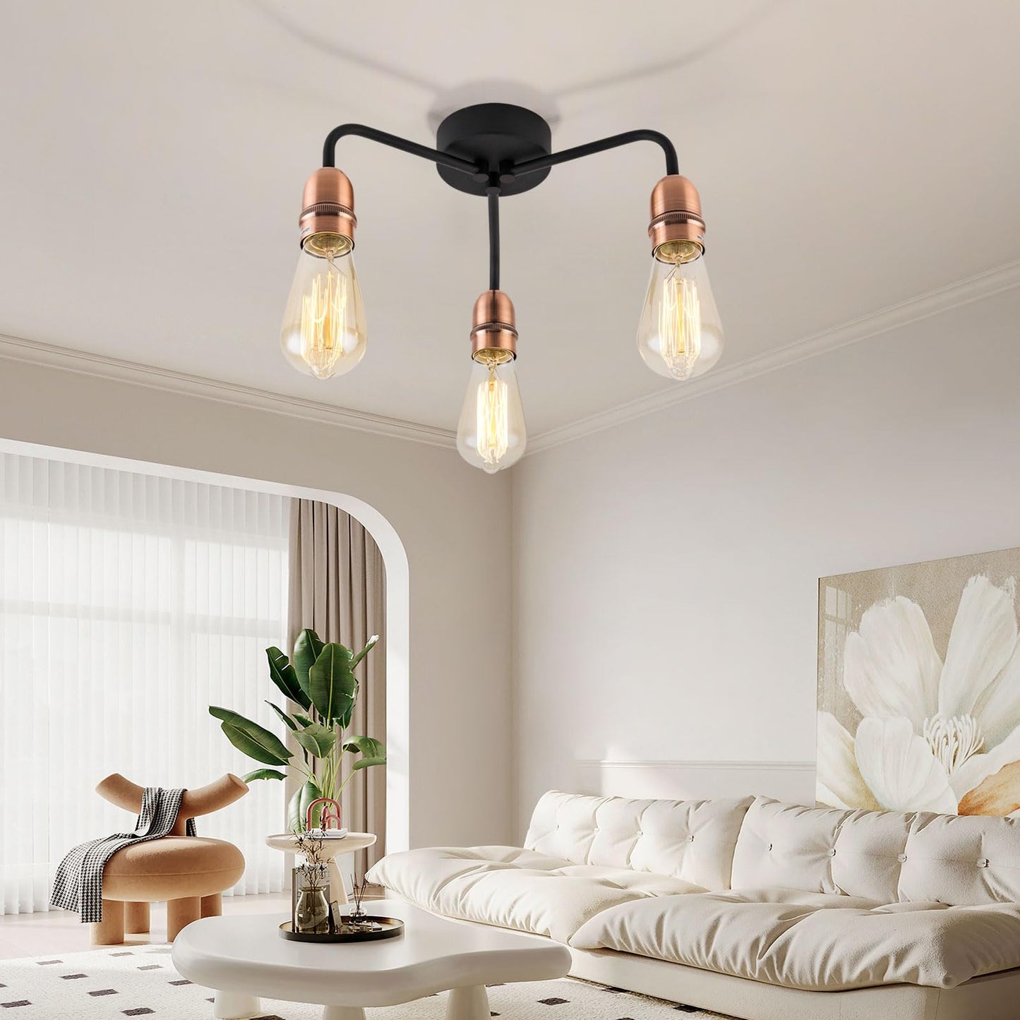 HARPER LIVING 3-Light Chandeliers Ceiling Lights, E27/ES Semi Flush Ceiling Lights Black with Copper Finish, 3x40W Vintage Ceiling Lamp for Living