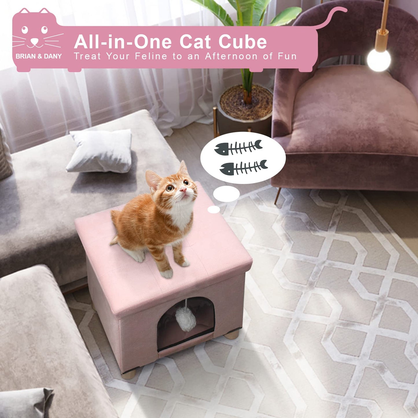 BRIAN & DANY Cat Cave for Indoor Cats, Multifunctional Cat Cube House with Scratch Board & Ball, Foldable Cat Bed, 37.5 x 32.5 x 36 cm, Pink
