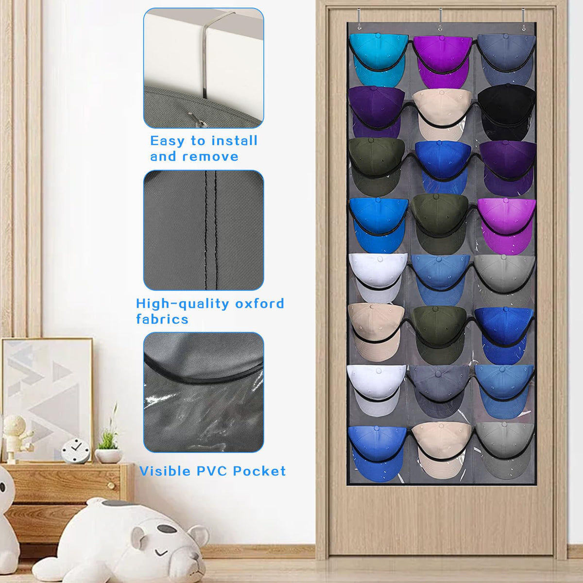 qimeyu Baseball Cap Storage,Baseball Cap Door Organizer,Cap Storage for Baseball Caps,Baseball Cap Rack with Large 24 Clear Deep Pockets,Cap Hanger