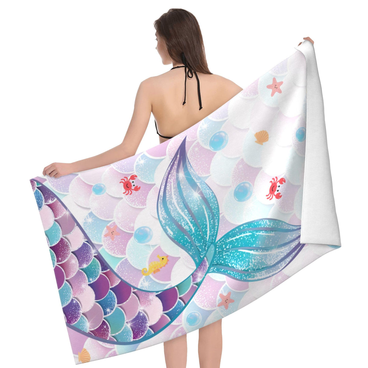 Gelasgo Mermaid Microfibre Beach Towel - 60"x30" Large Lightweight Soft Quick-Dry Towel for Adults, Ultra Absorbent & Dual-Sided Sand Free