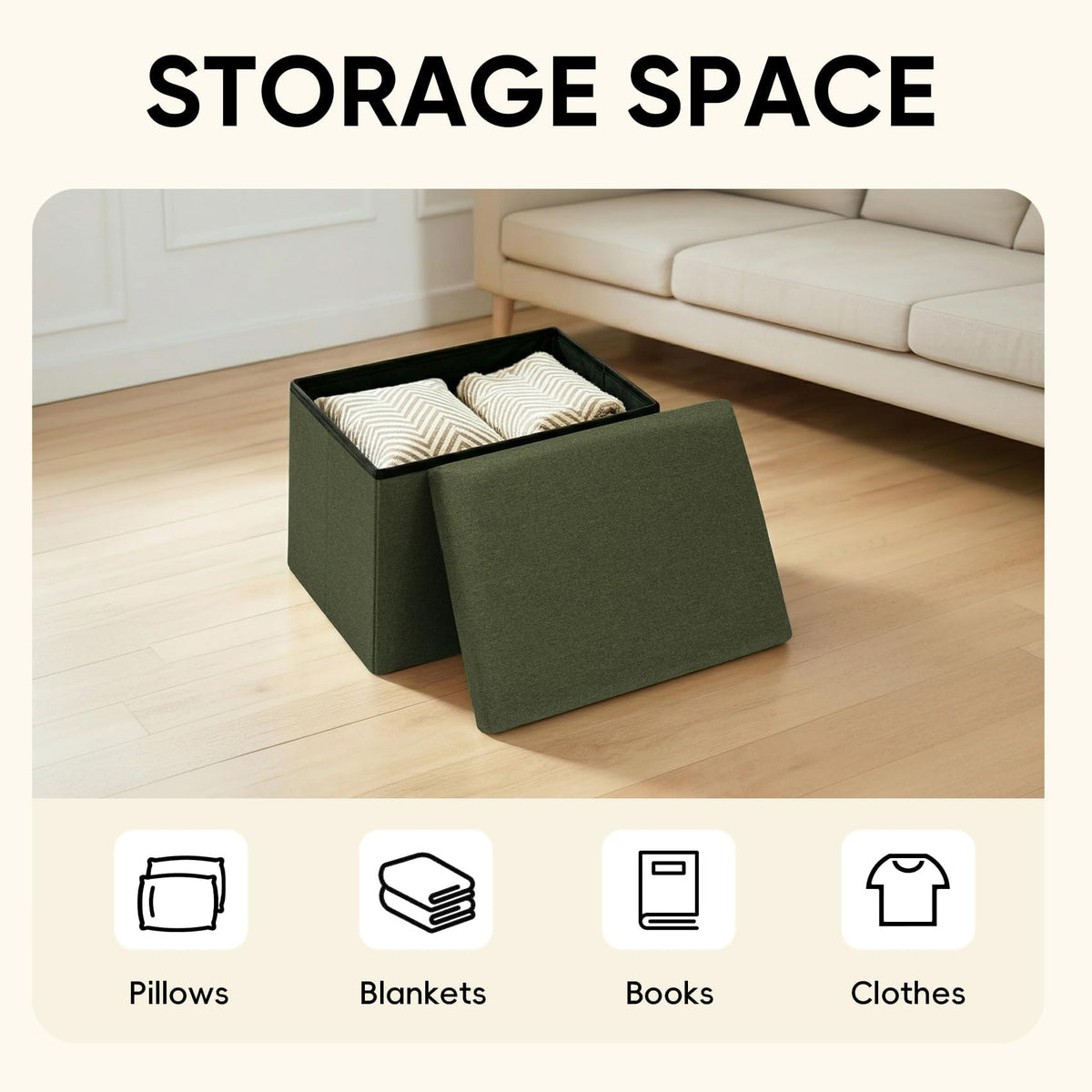 PINPLUS Folding Storage Box Ottoman, Linen Small Footstool, Olive Green