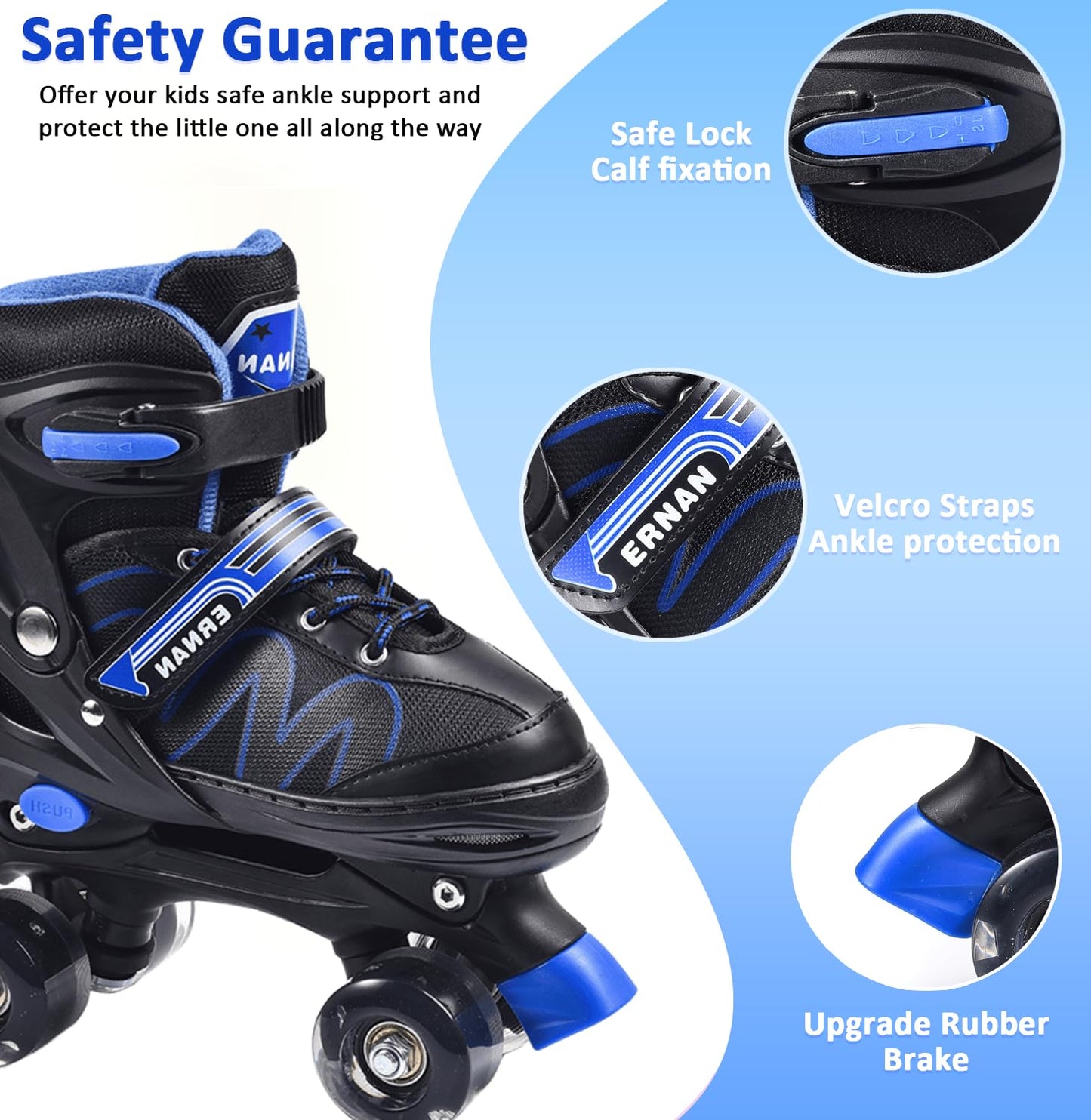 ERNAN Roller skates kids Roller boots,8 Light up Wheels and 4 Sizes Adjustable.Rollerskates for Kids Beginners, Suitable for Indoor Outdoor (BLUE, L)
