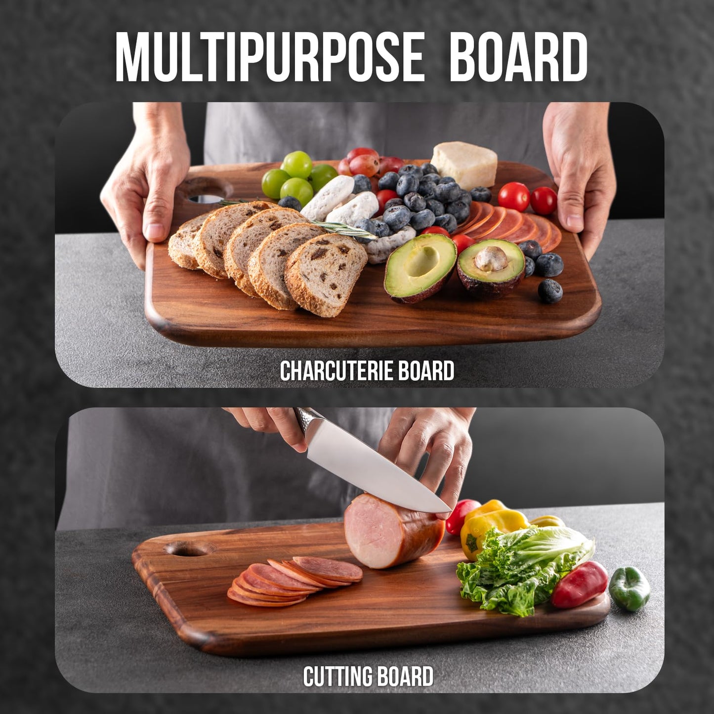 Wood Chopping Boards for Kitchen, James.F Large Acacia Wooden Heavy Duty Chopping Board, Wooden Cutting Boards Serving Boards with Hang Hole for Meat,