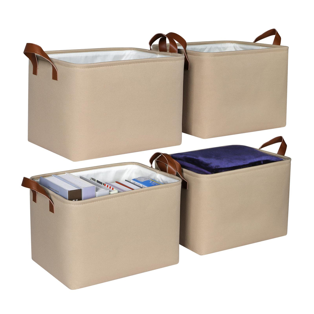 Syeeiex Storage Baskets for Shelves 4 Pack, Fabric Storage Boxes with Leather Long Handles, Foldable Storage Basket for Toys, Clothes