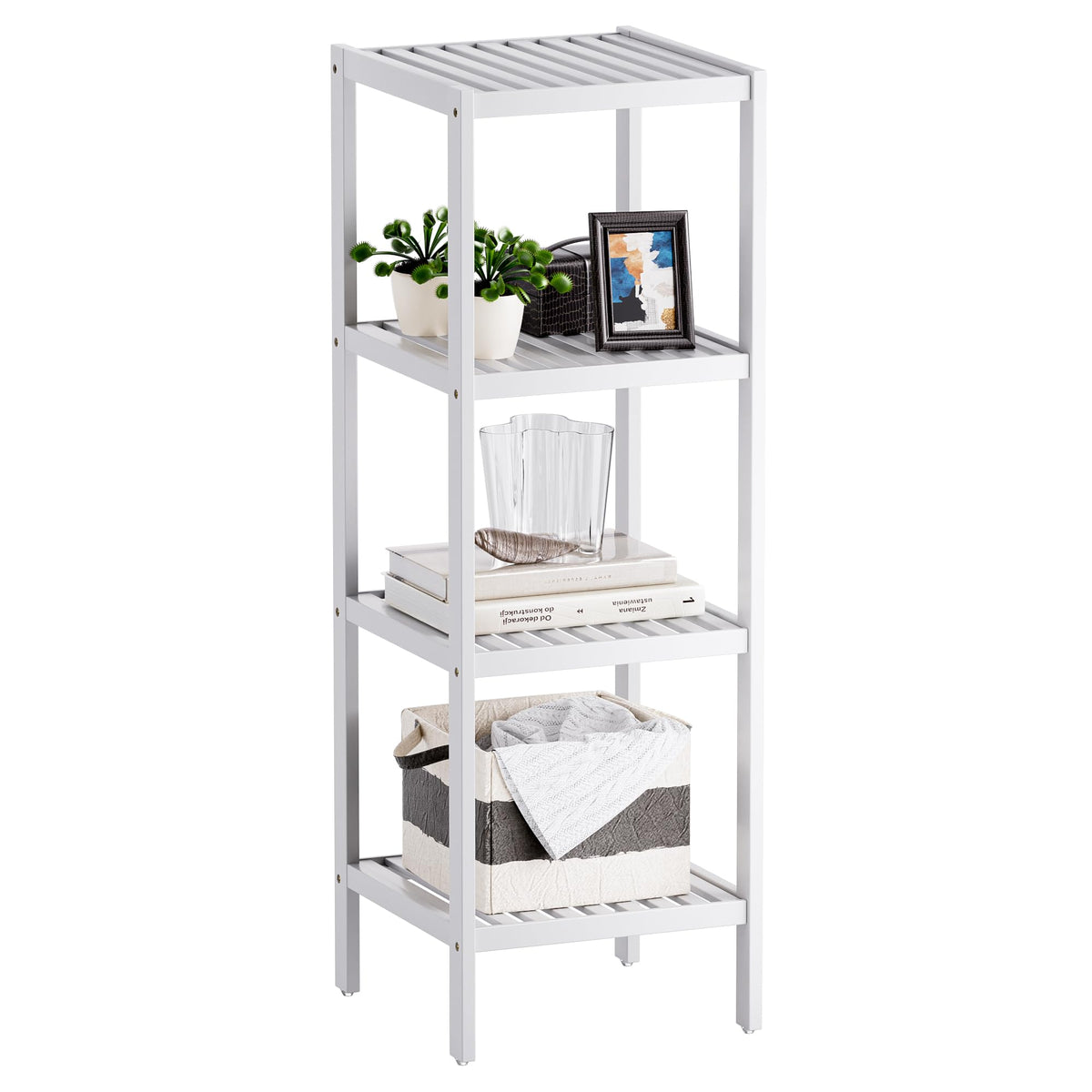SMIBUY Bathroom Storage Shelf, 4-Tier Bamboo Rack Organizer, Multifunctional Shelving Unit for Living Room Bedroom Kitchen (White)