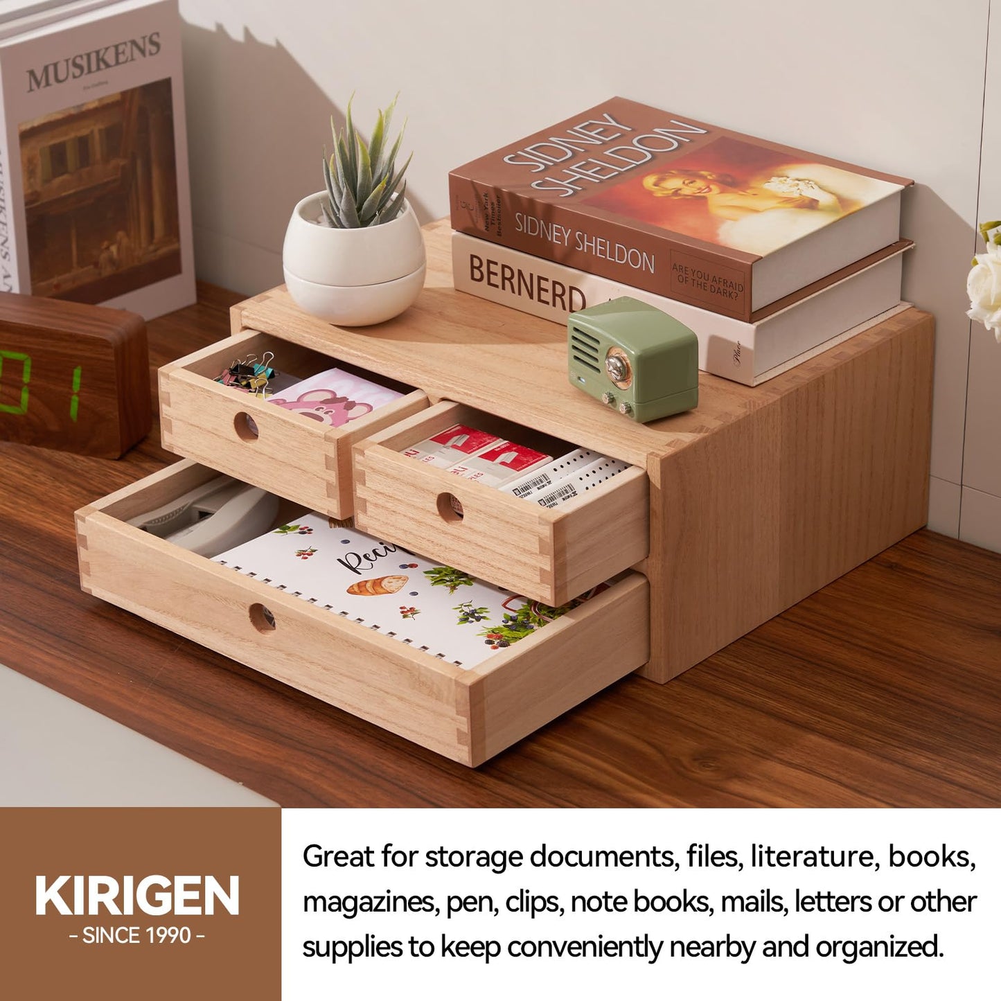 KIRIGEN Wooden Desktop Organizer Office Supplies Filing Tidy Storage Shelf Storage Cabinet Jewelry Organizer with 3 Drawers Natural