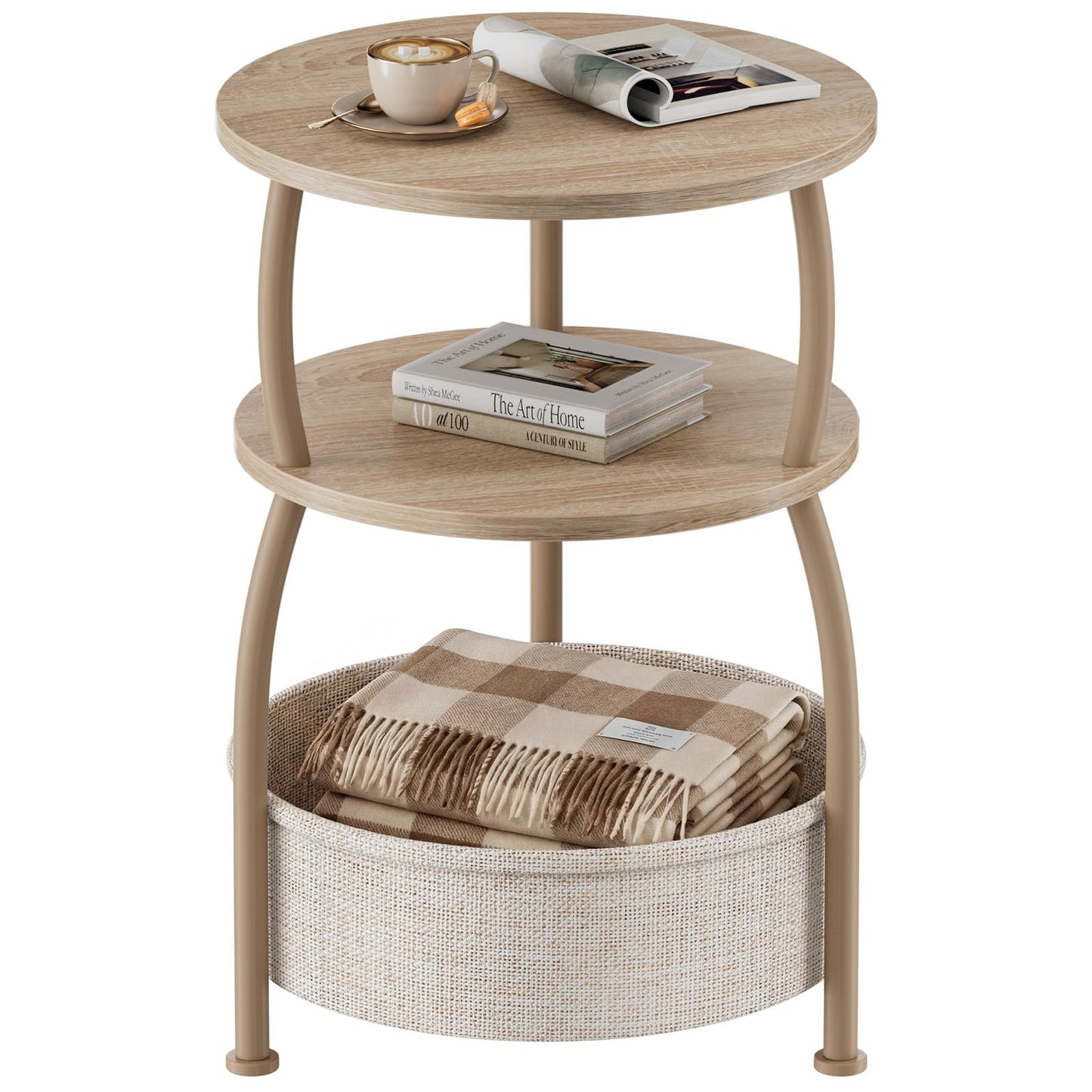 Yuede Side Table with Fabric Basket, Round End Table, 3 Tier Bedside Table, Coffee Table for Living Room, Bed Room, Modern, 40 x 61 cm, Ork Gray