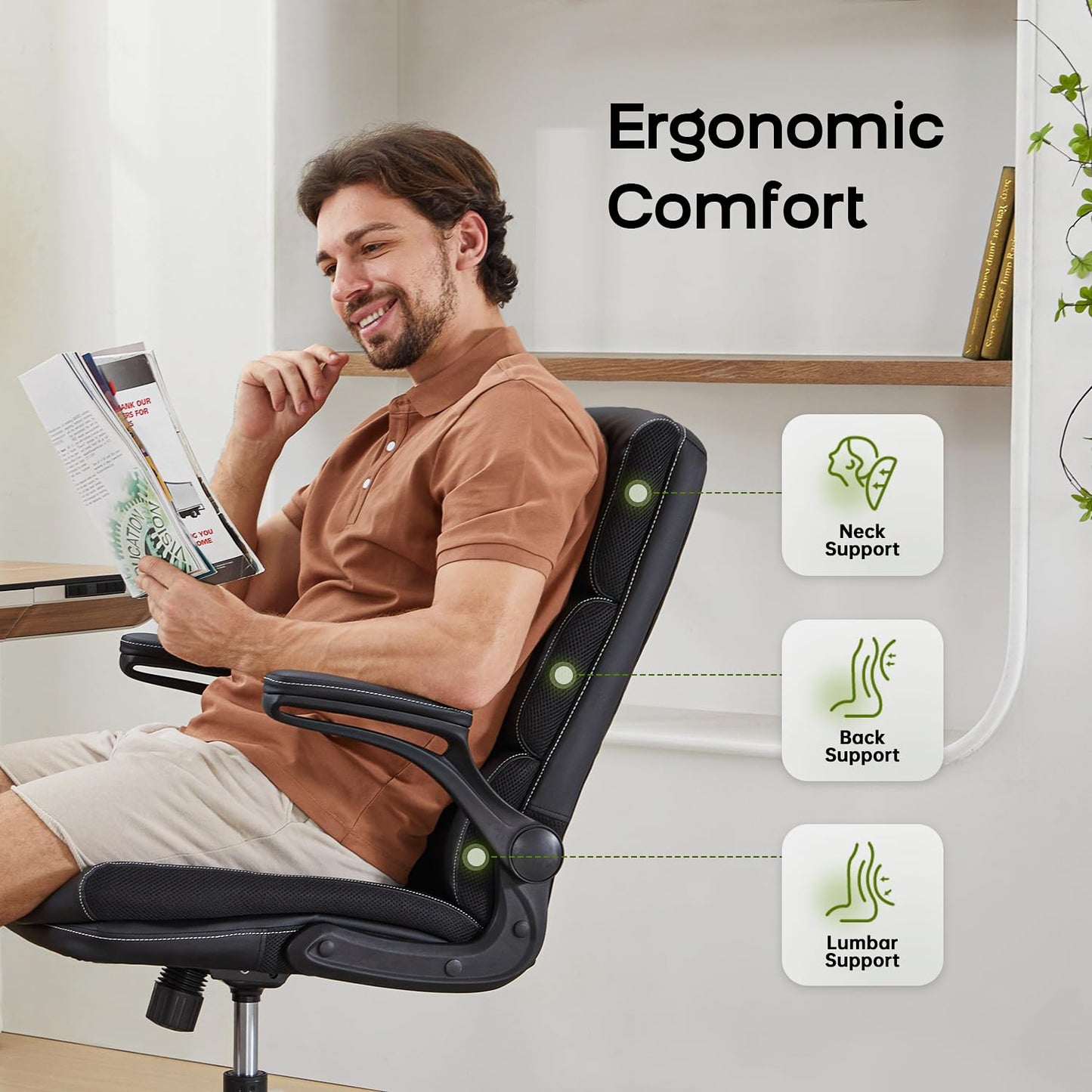 LukkDys Executive Office Chair with Flip-Up Armrests, 3-Stage Lumbar Support, Ergonomic Mid Back PU Leather Swivel Chair