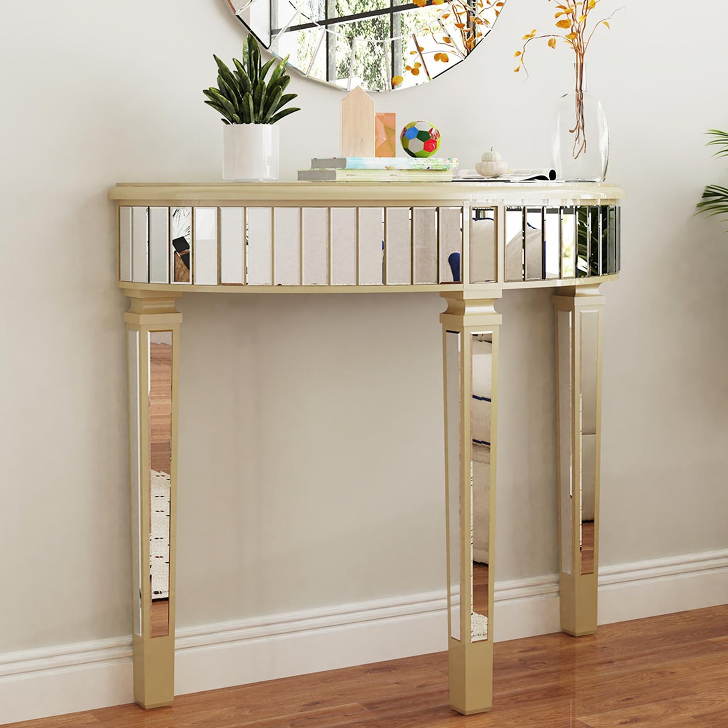 Artloge Half Moon Console Table Mirrored : Silver Hallway Table 90 x 35 x 80.5cm Aesthetic Elegant Glass Console Tables with Sturdy Square Column Leg
