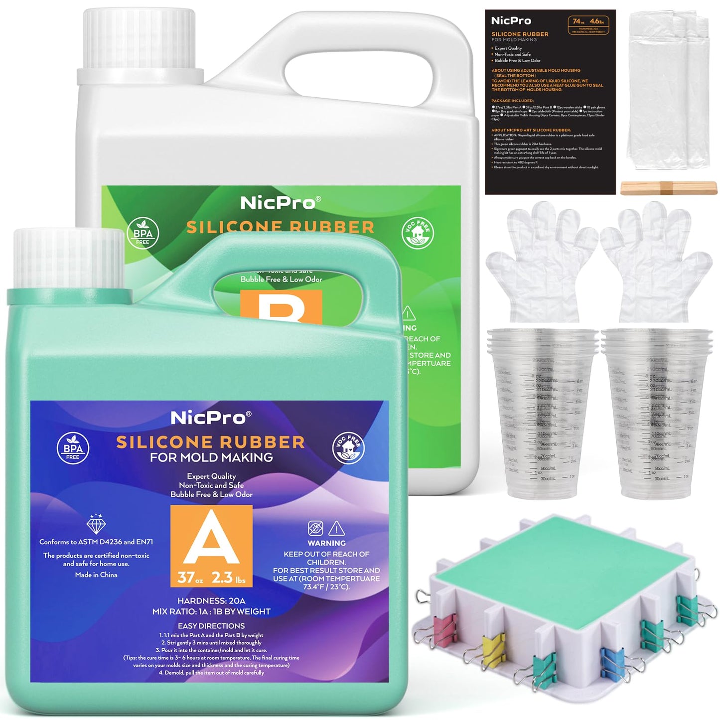 Nicpro 74oz/2188ml Silicone Mold Making Kit, Premium Platinum Liquid Silicone Rubber for Safe and Flexible Casting, Vibrant Jade Green Color, and