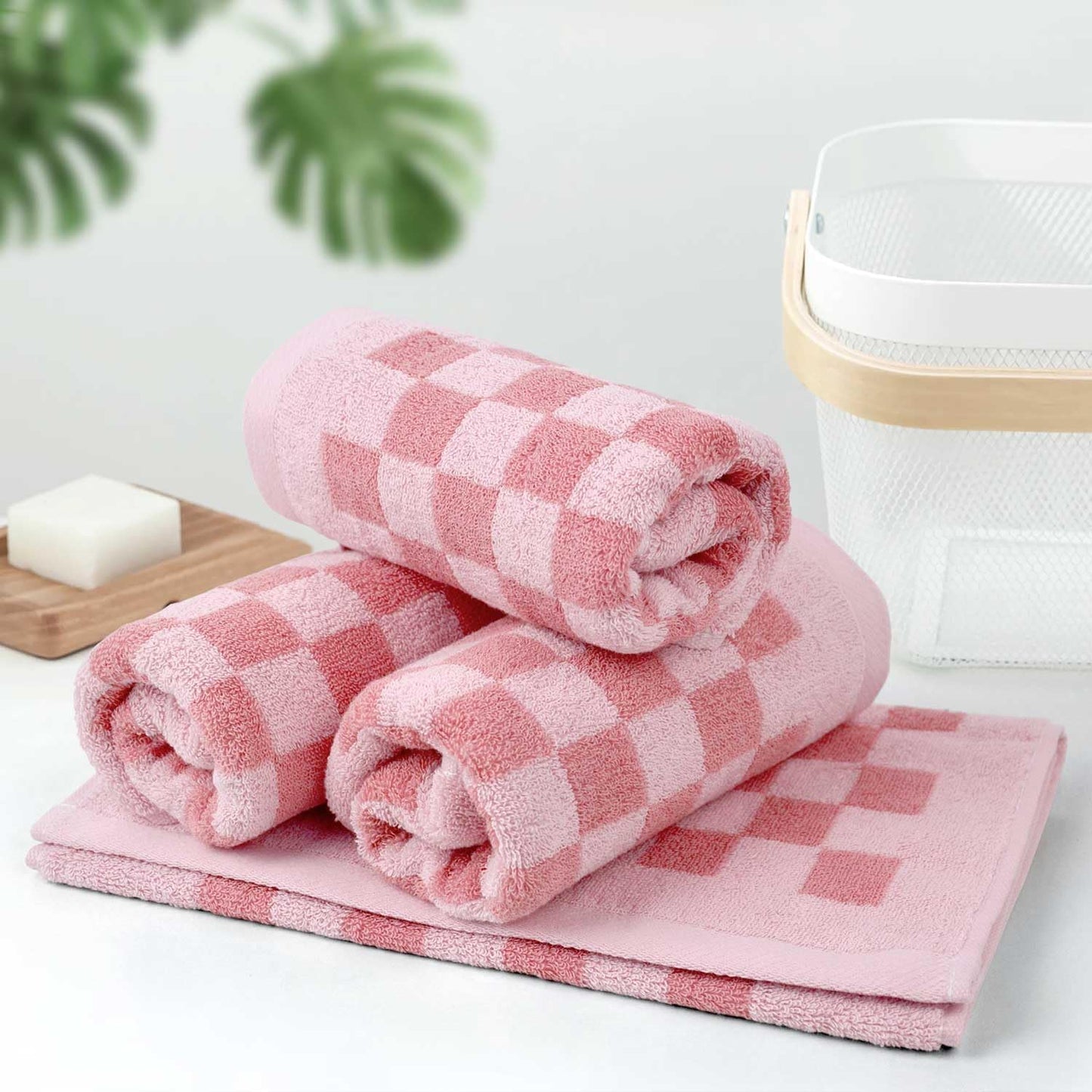 Jacquotha Soft Cotton Hand Towels in Pink Checkered - 4 Pack Lightweight Absorbent Towels for Hand Drying and Face Washing, Gifts for Women Girls
