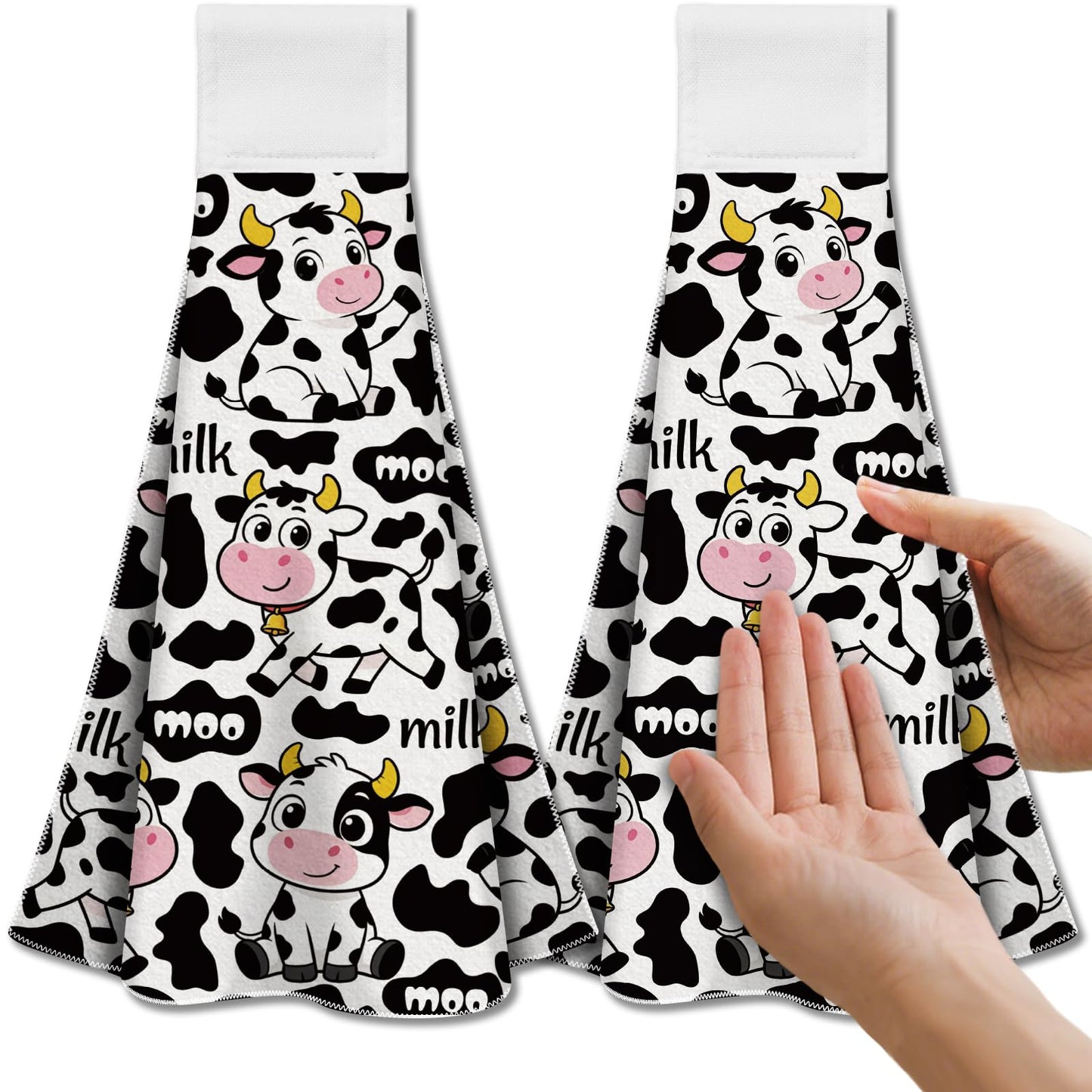 CUTHOLLOW 2 Pcs Cartoon Cows Hanging Kitchen Towels with Loop