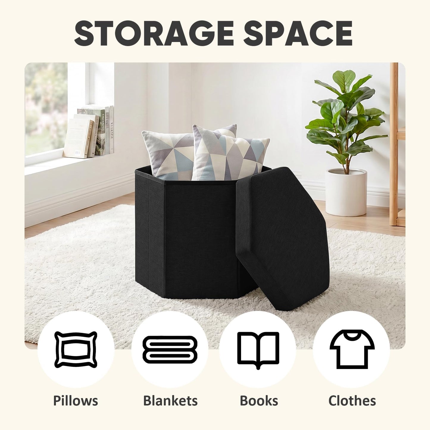 PINPLUS Folding Storage Ottoman, Linen Hexagonal Footrest, Black