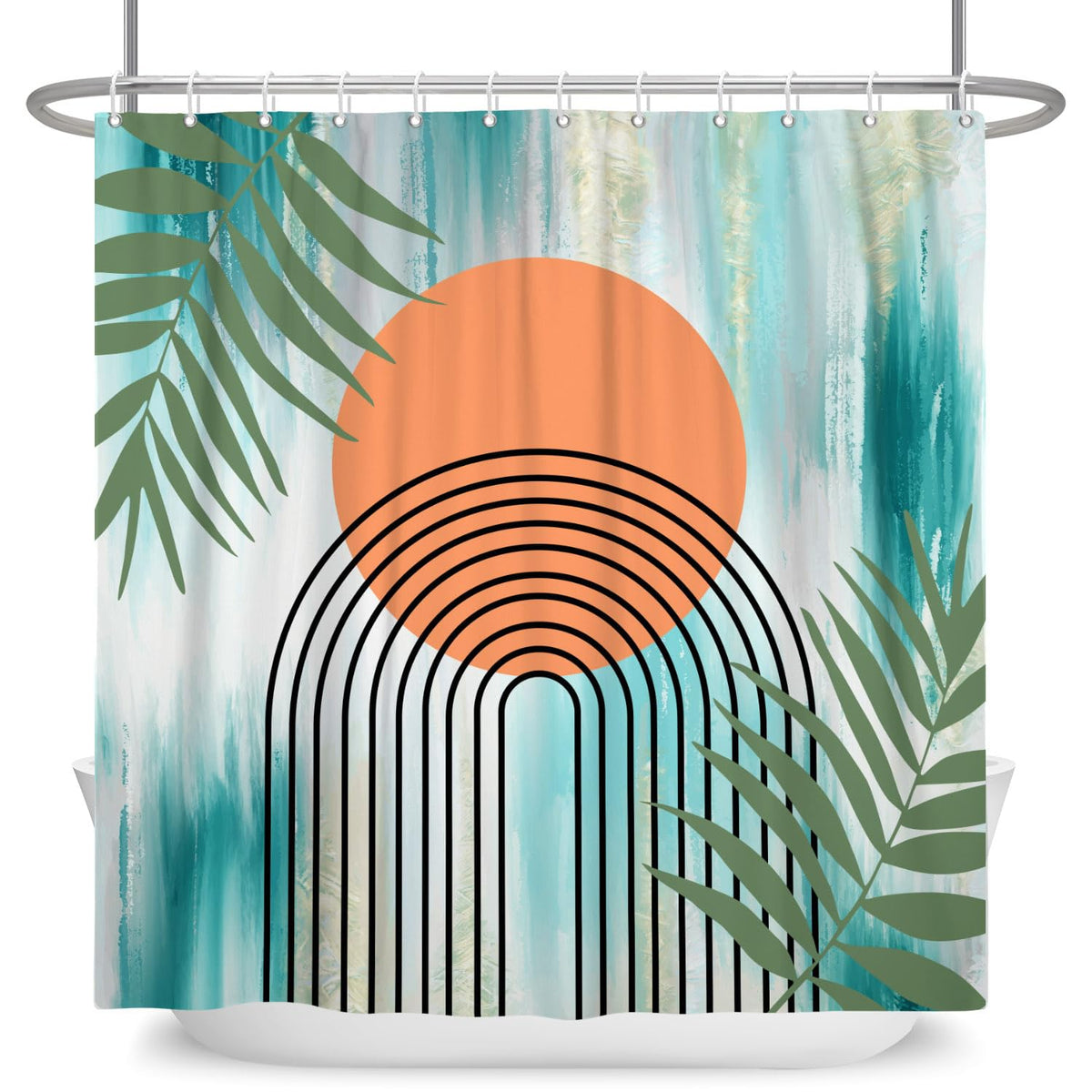 ASDCXZ Boho Shower Curtain 180 x 180 cm, Modern Abstract Orange Sun Green Leaves Arch Turquoise Washable Shower Curtains Polyester Textile Waterproof
