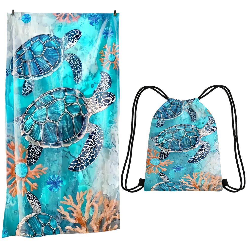ZPSOSPZ Turtle Beach Towel and Bag Set– Quick Dry Adult Kids Towel