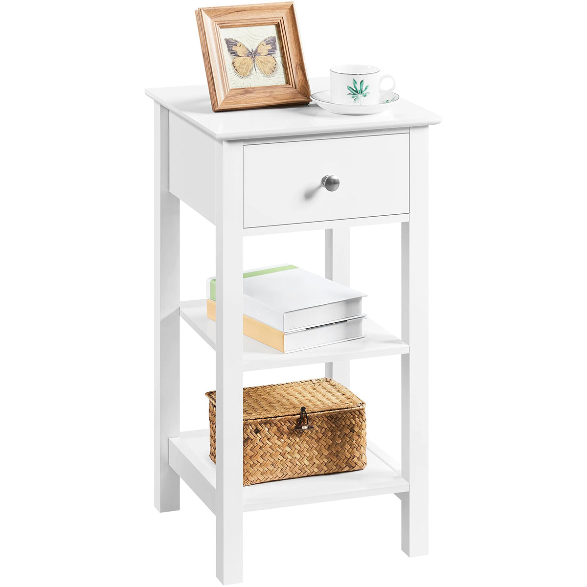 Yaheetech White Bedside Table, Wooden Narrow Nightstand Cabinet with Drawer & 2 Shelves, Tall Telephone Sofa Side table for Living Room Bedroom