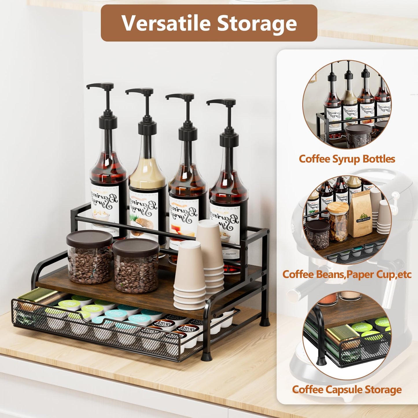 Coffee Syrup Organizer, 3-Tier 8 Bottles Coffee Syrup Stand with 35 K Cup Storage Drawer for Coffee Bar, Coffee Pod Holder for Syrup, Tea, Wine,