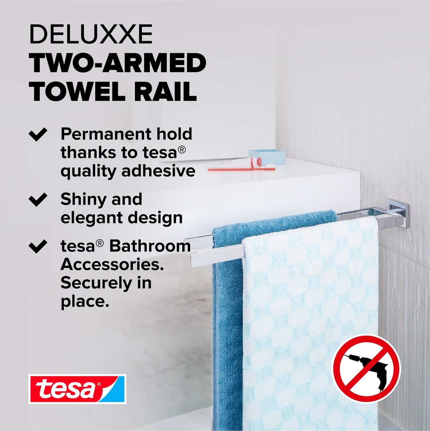 tesa DELUXXE Double Towel Holder - Wall-Mounted, Stainless-Steel Towel Holder with Two Swivel Arms - waterproof, incl. Power.Kit Adhesive Solution