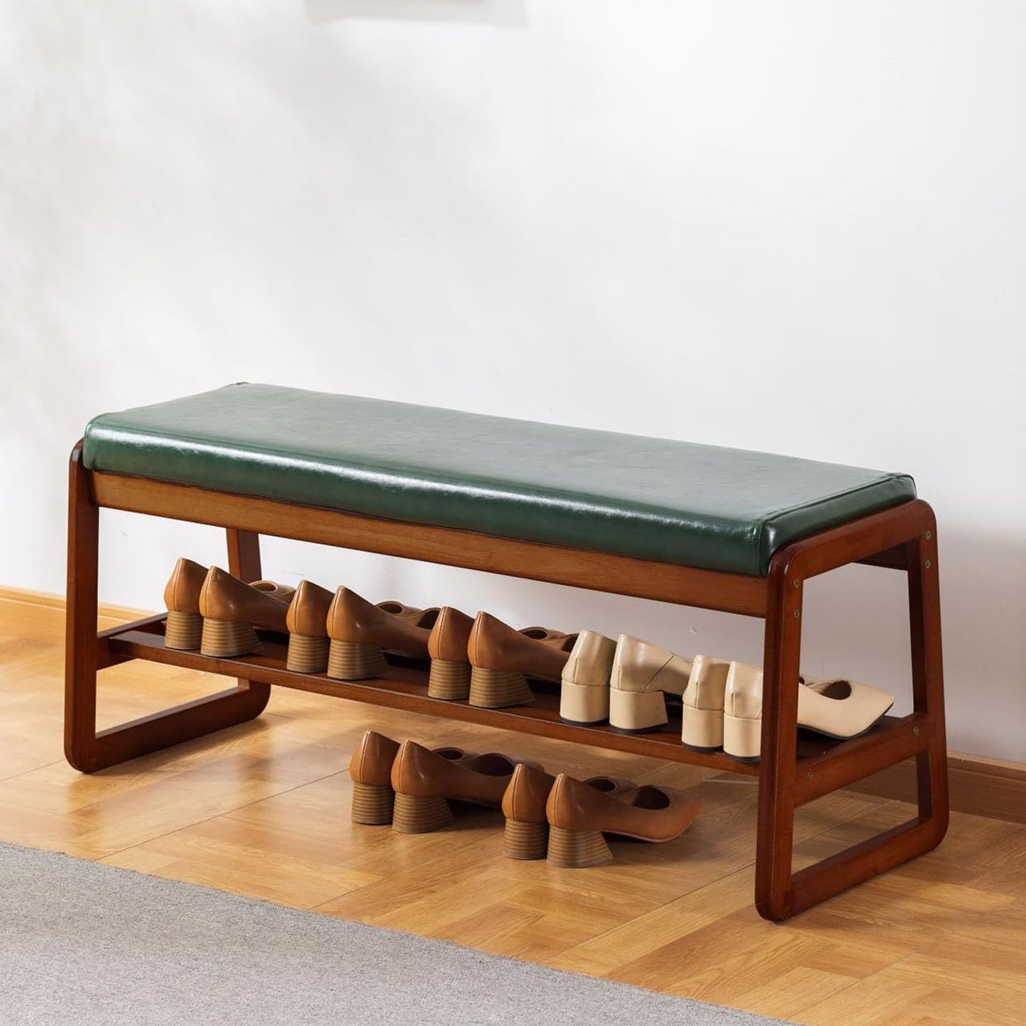 SOBIBO Solid Wood Shoe Bench, 2-Tier Wooden Storage Entryway Bench, Mid-Century Modern Shoe Bench Rack