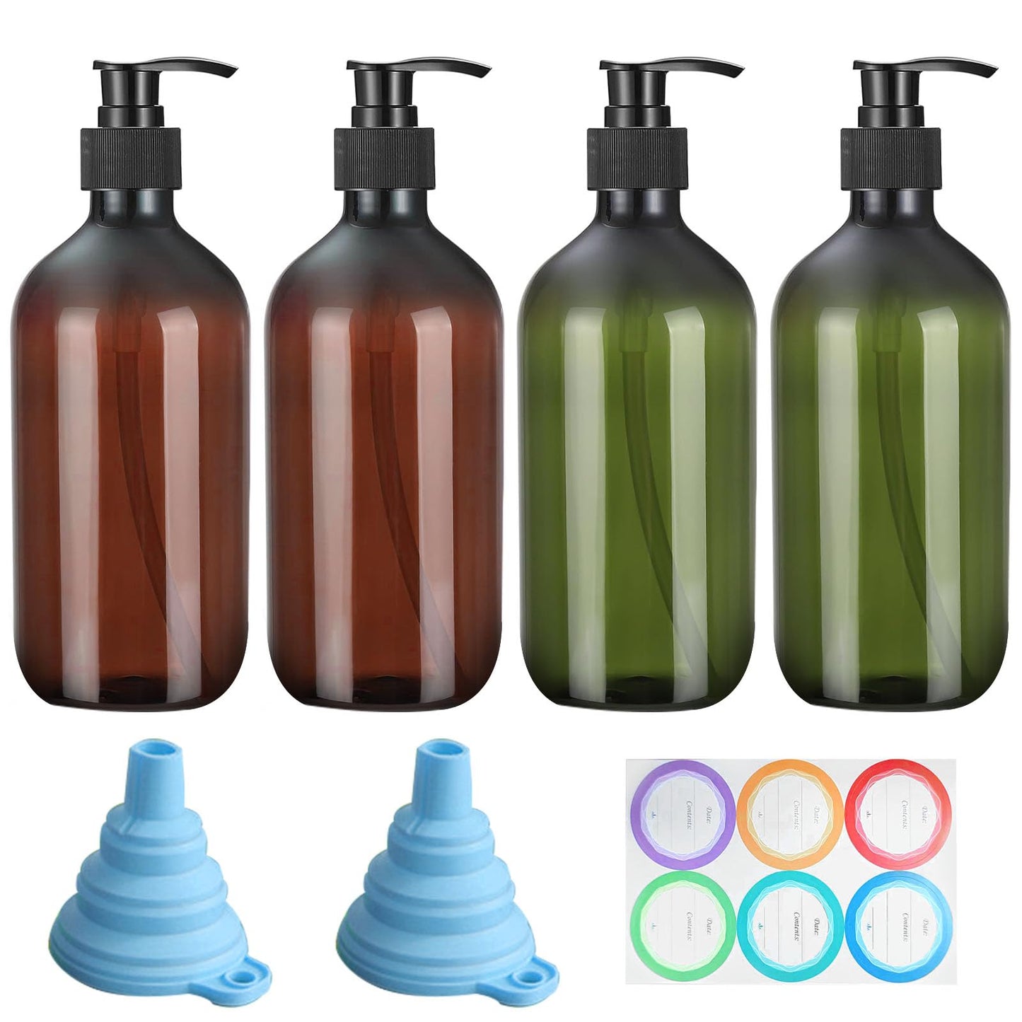 GAOHAN 4 Pack Pump Bottle Dispenser 500ml Refillable Bottle(2Green+2Brown)
