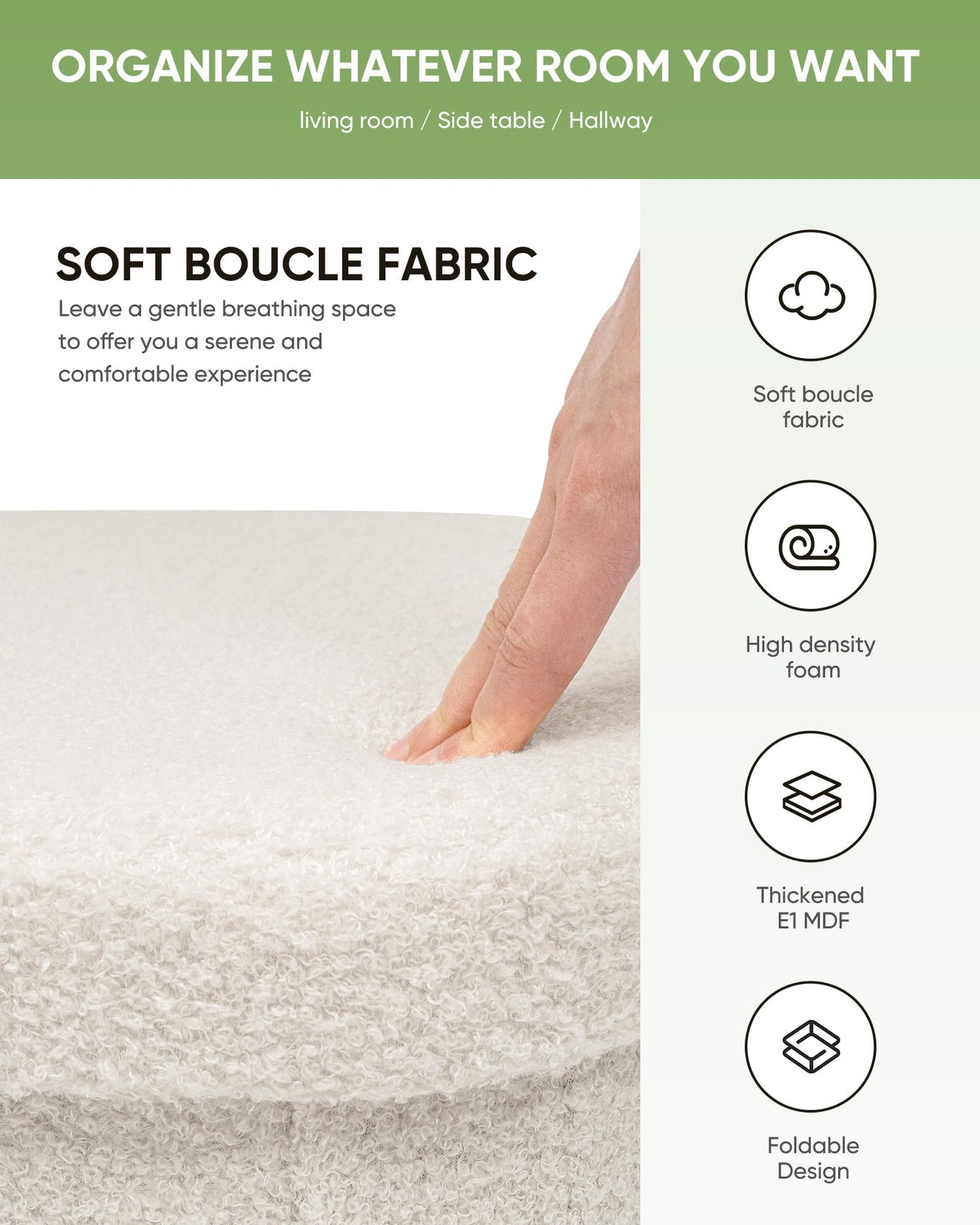 Bonlife Cream Boucle Ottoman with Storage,Foldable Footstool for living room,Toy Chest,Storage Seat Teddy Round Shape Footrest,38X38X33.5cm