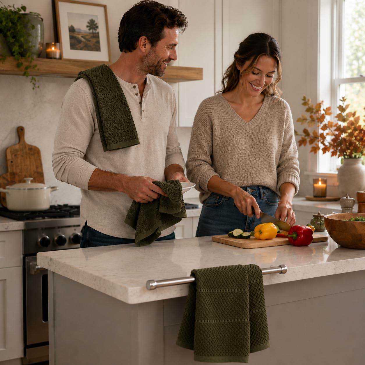Olive Green Kitchen Hand Dish Towels: Oversized 28" x 18",100% Cotton Cloth Soft Cleaning Drying Absorbent Ribbed Design