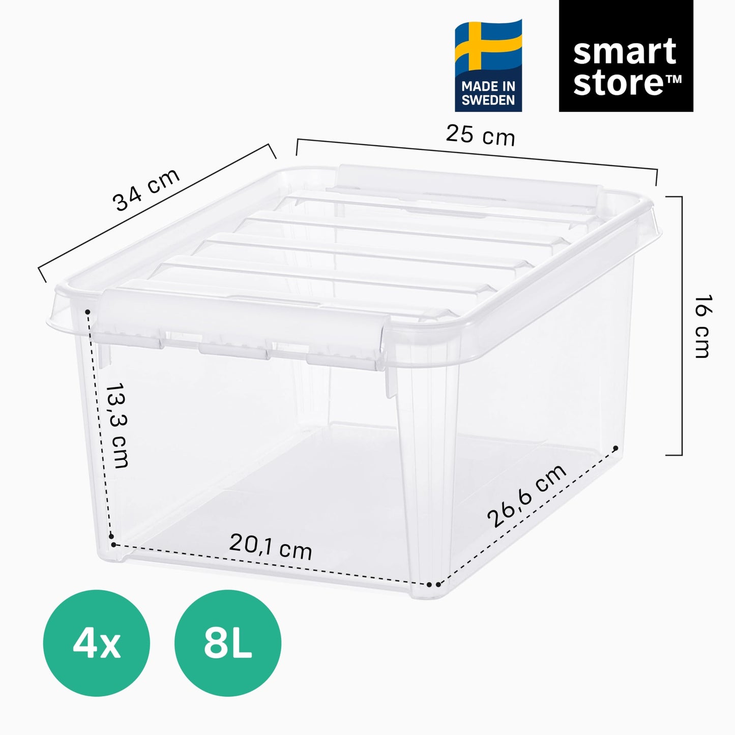 SmartStore - 4x Plastic Storage Box with Lid Classic 8L (34x25x16cm) |Plastic Storage Drawers with Lid|Food-Safe Material|Kitchen &