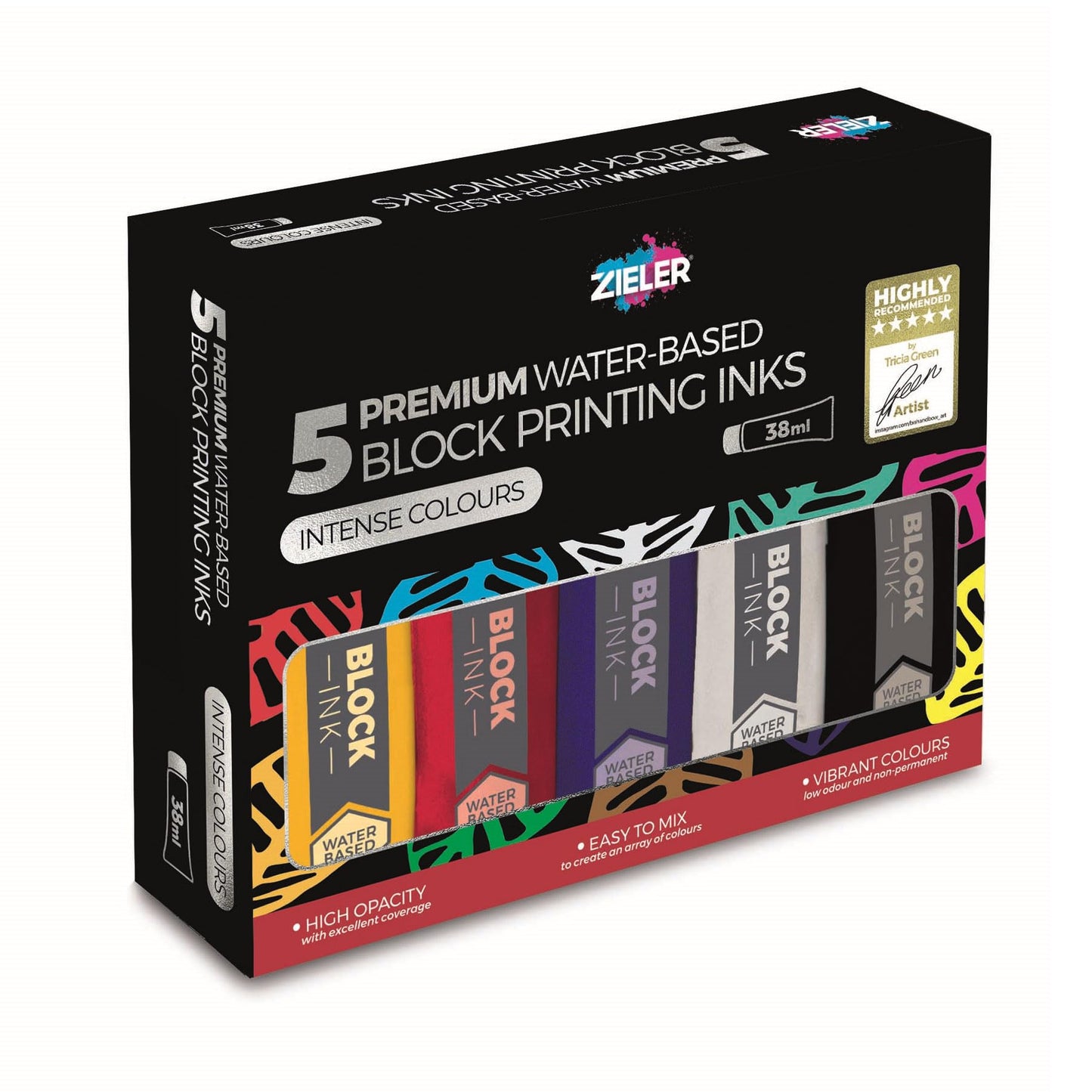 5 Water-Based Block Printing Inks | Black, Blue, Red, White & Yellow | 38ml High Concentration Tubes | Easy-to-Mix | High Opacity - by Zieler