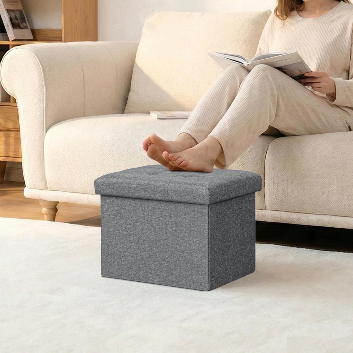 PINPLUS Linen Ottoman Storage Box with Lid, 42x32x32 cm, Grey