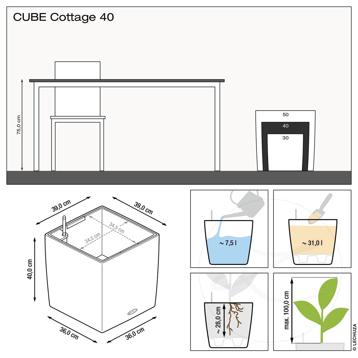 LECHUZA CUBE Cottage 40 mocha 15385