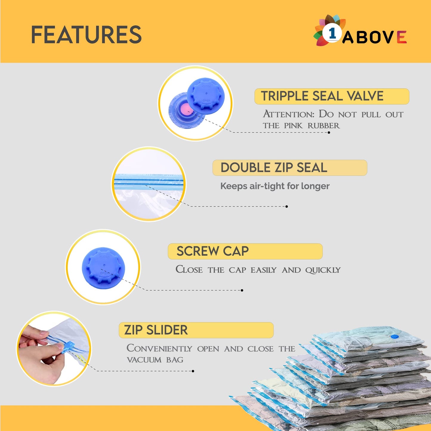 1ABOVE Pack of 6 Vacuum Compressed Storage Bags, Mould Moisture and Bug Proof, Double Zip High Sealing Triple Air Leak Patent Valve for Maximum