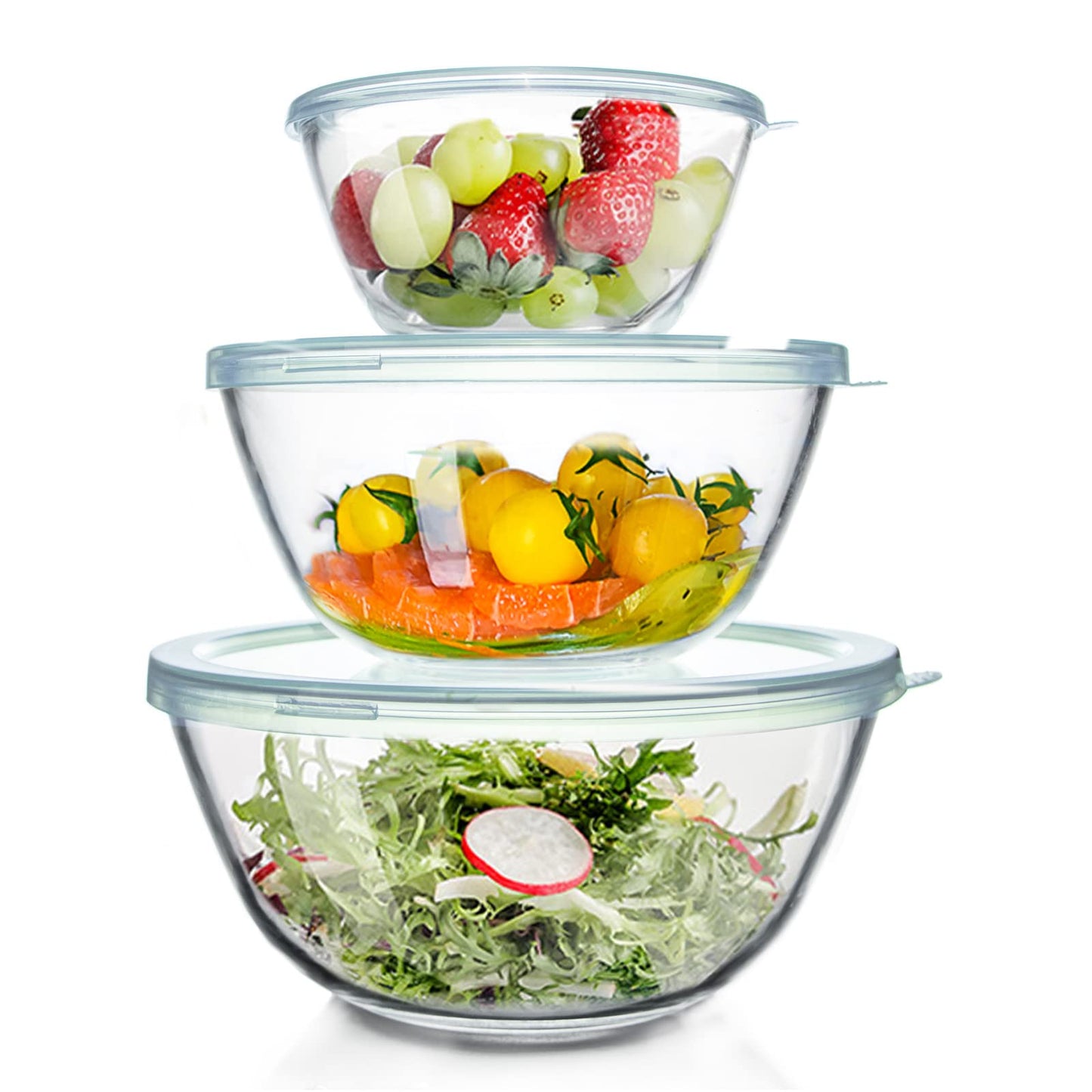 WhiteRhino Glass Mixing Bowls with Lids Set of 3, Large Kitchen Salad Bowls, Space-Saving Nesting Bowls, Round Glass Serving Bowls for