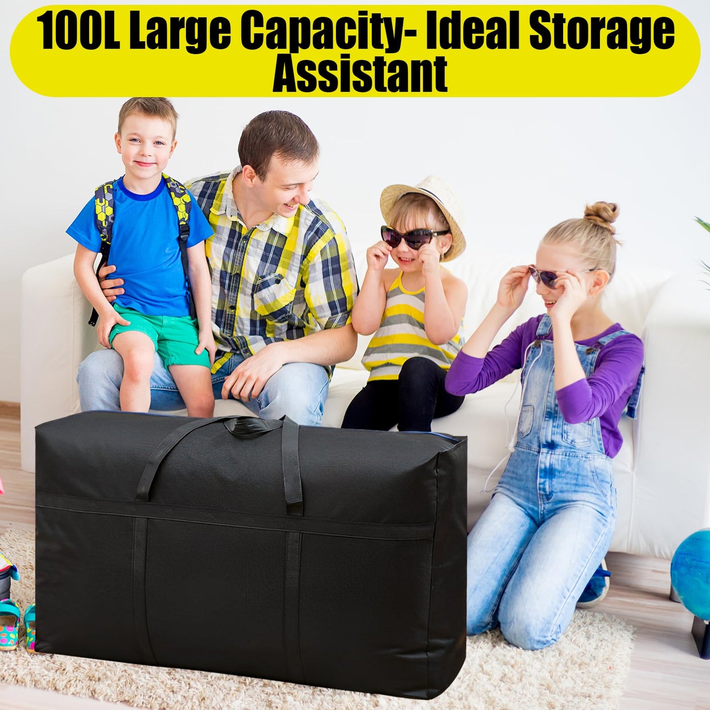 WOPPLXY 4PCS 100L Moving Boxes Large Strong, Black Moving Bags Large Storage Bags with Zip, Heavy Duty Packing Bag for Clothes, Duvet, Blankets