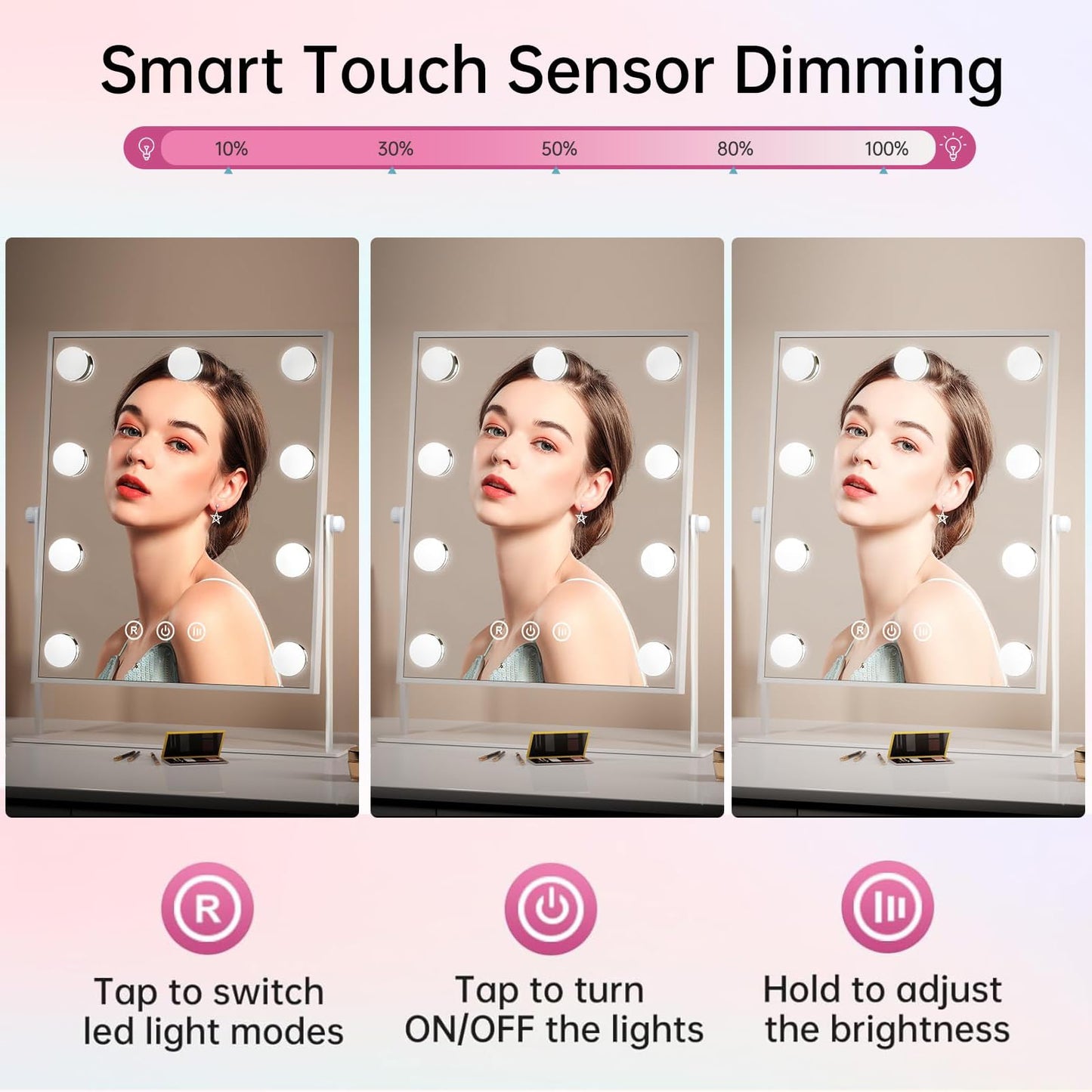 FUNTOUCH Makeup Mirror with Lights, Hollywood Vanity Mirror with 3 Colors Lighting Modes, Touch Control, 360Ratation, Dimmable 9 LED Bulbs Lighted