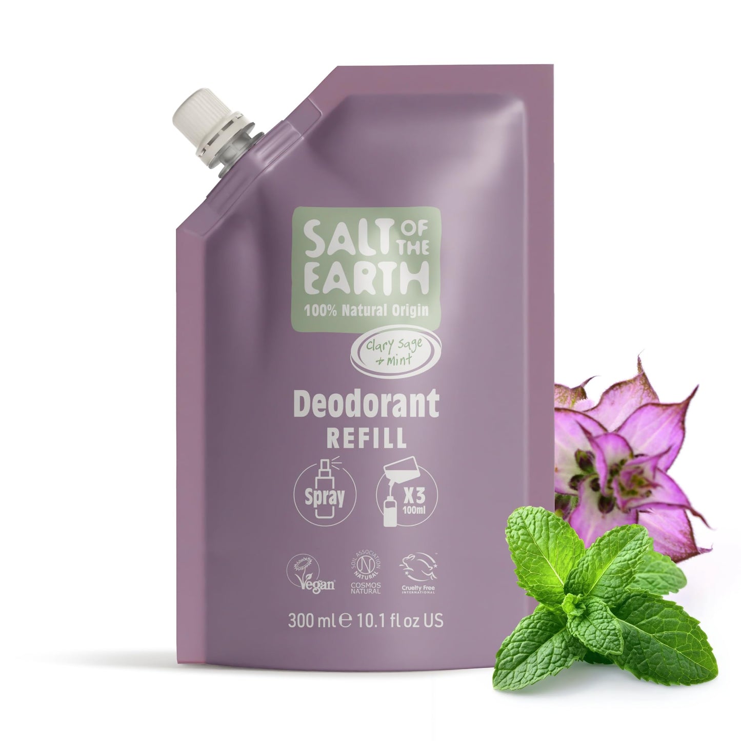 Salt of the Earth - Natural Deodorant Spray Refill Pouch, x3 Uses - Clary Sage & Mint - Vegan, Long Lasting Protection, Leaping Bunny Approved, Made