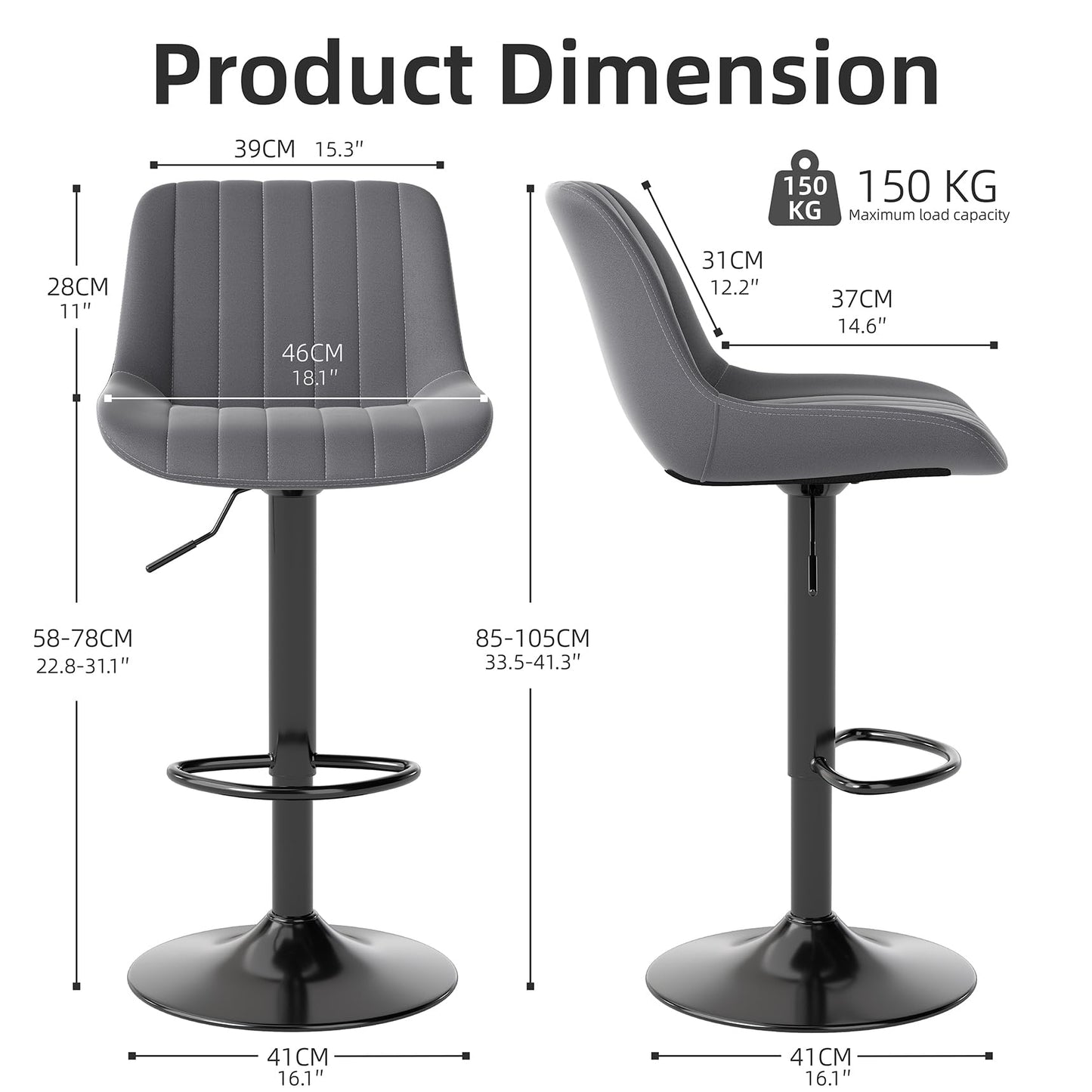 Youhauchair Bar Stools Set of 2, Swivel Barstools with Backrest, Dark Grey
