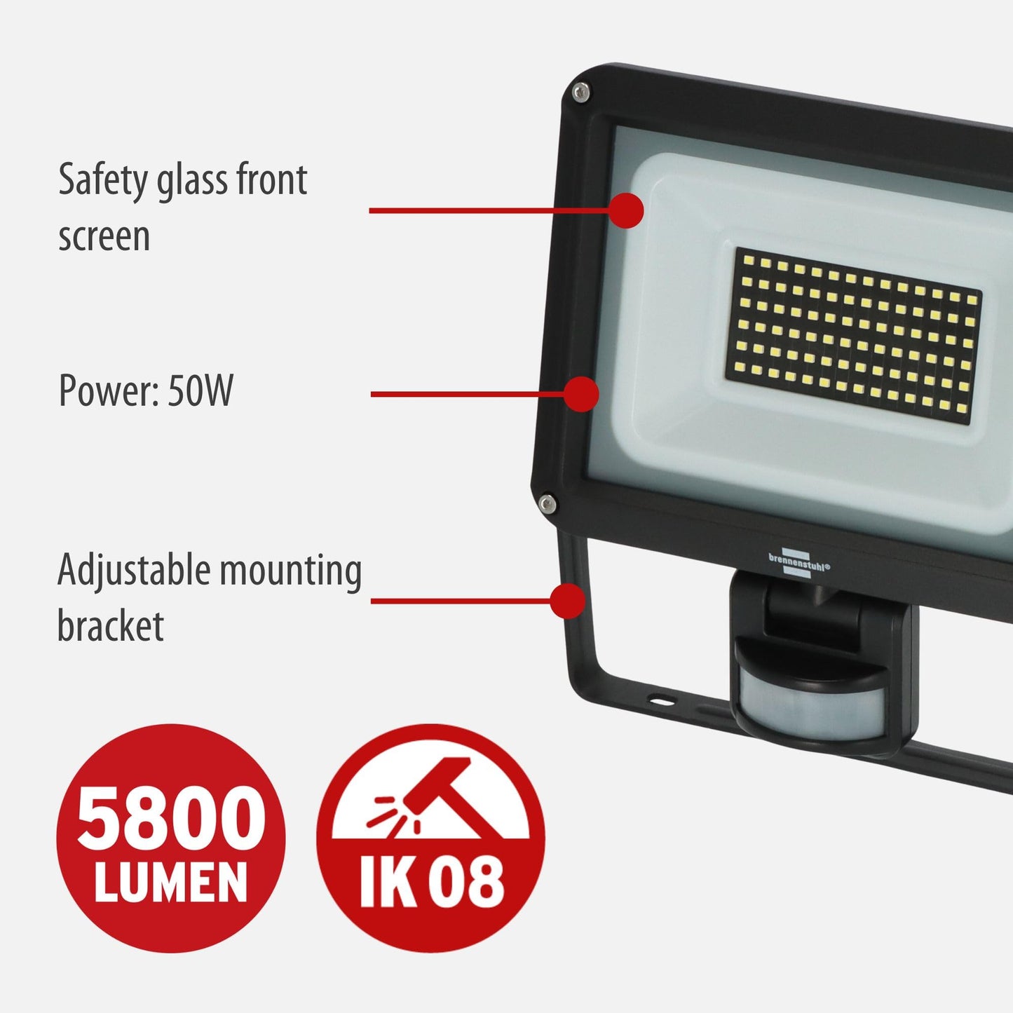 Brennenstuhl LED Spotlight JARO 7060 P (LED Wall Floodlight for Outdoor use IP65, 50W, 5800lm, 6500K, with Motion Detector and Twilight Sensor)