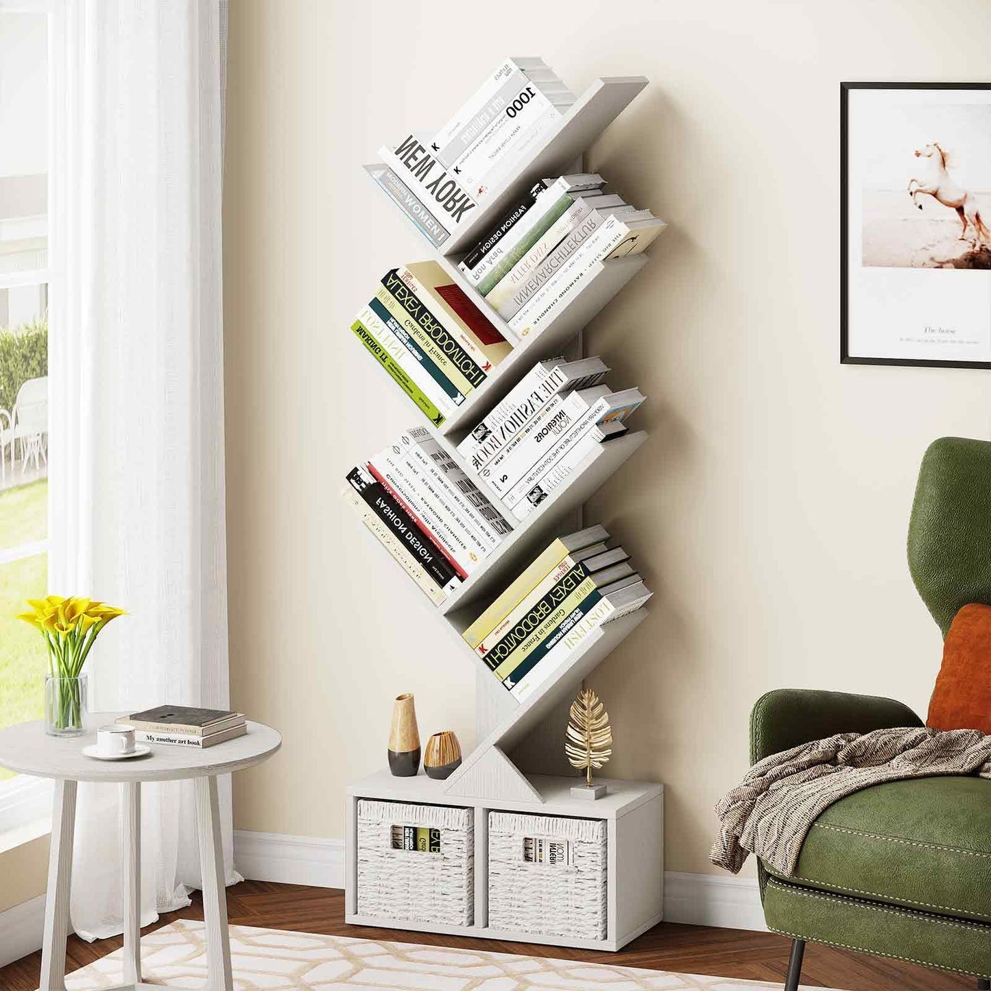 Vagusicc 6 Tier Tree Bookshelf with 2 Storage Baskets, Tall Display Shelf Organizer for Books, Magazines, Home Decor